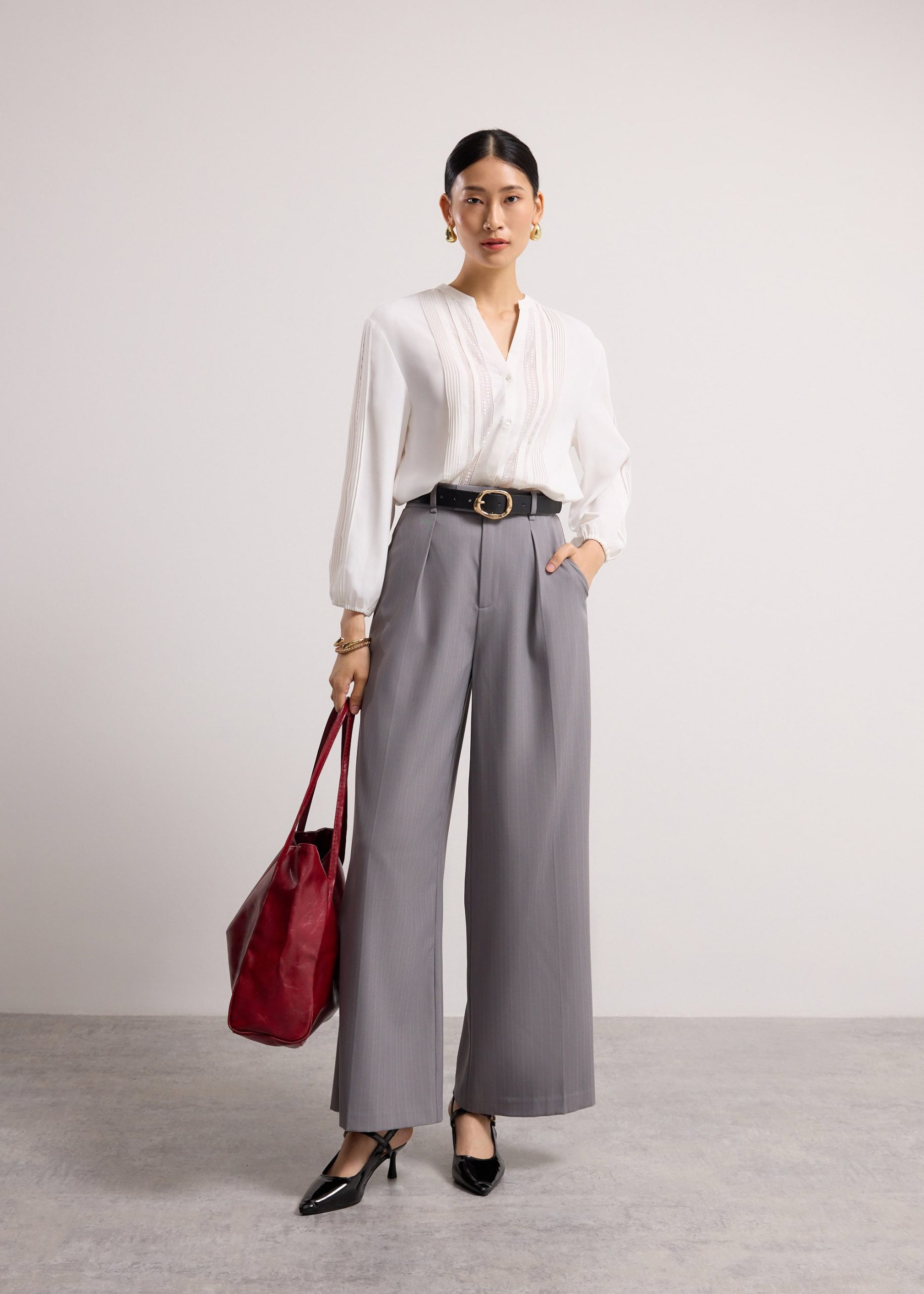 Chea Lace Trim Pintuck Button Down Blouse
