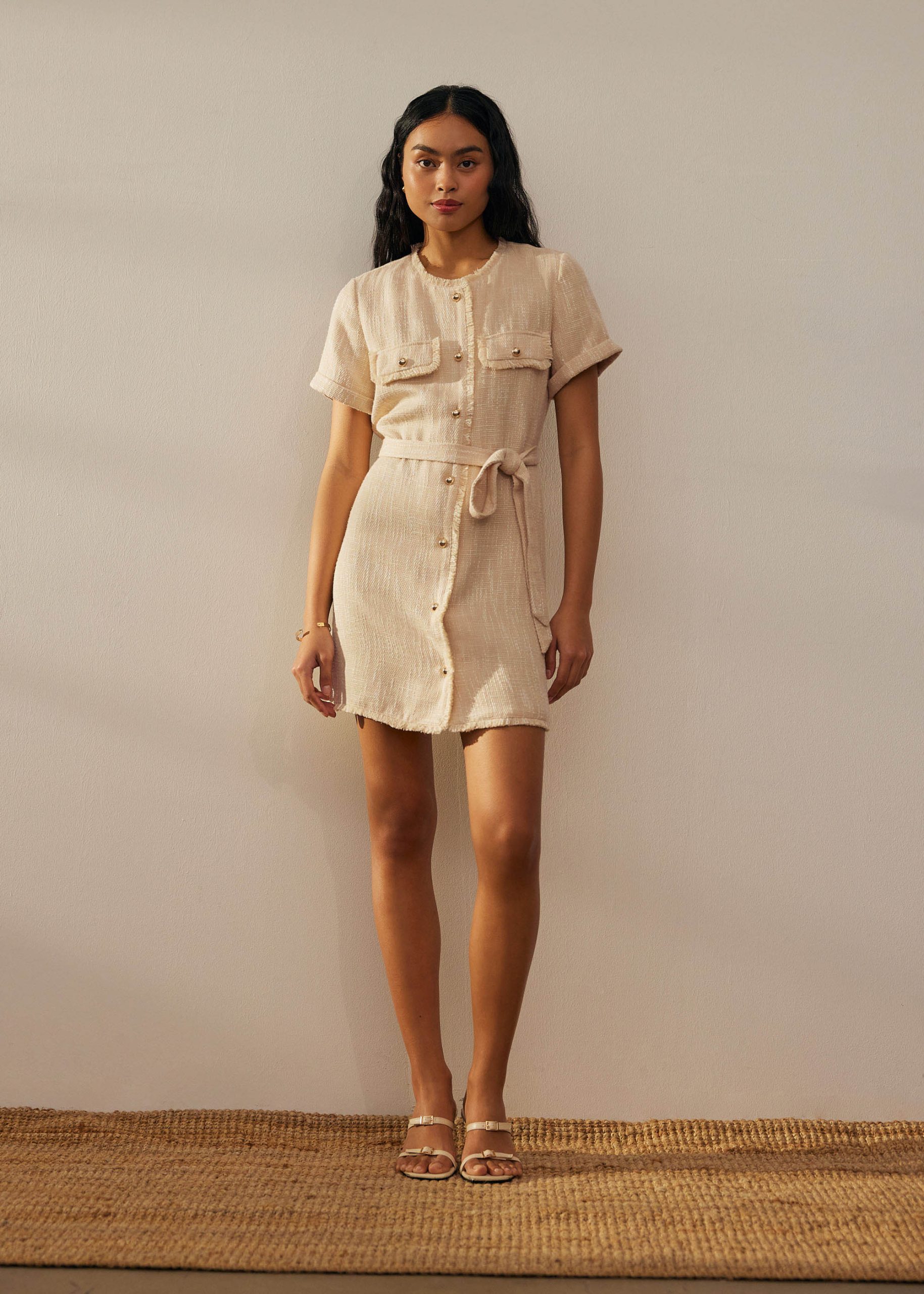 Tweed Belted Button Down Shift Dress - Image 2