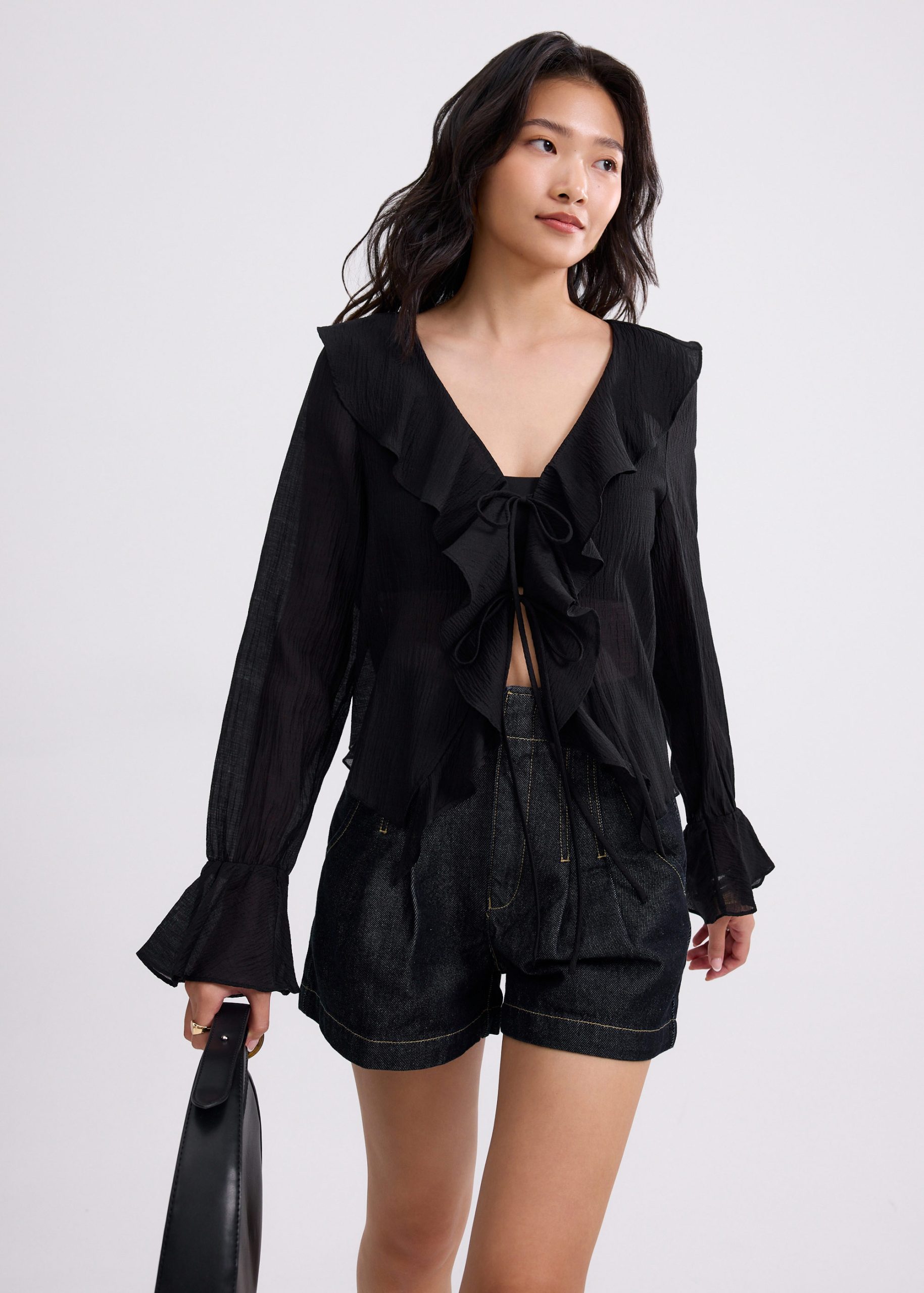 Relaxed Georgette V-neck Frill Blouse - Image 3