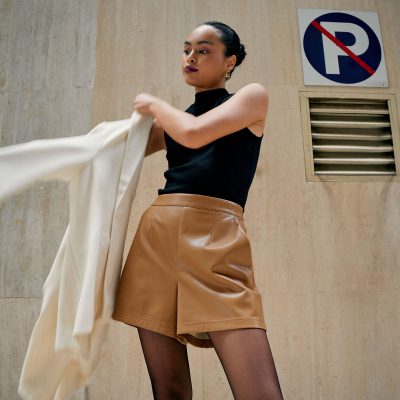 Elastic Vegan Leather High Waist A-line Shorts