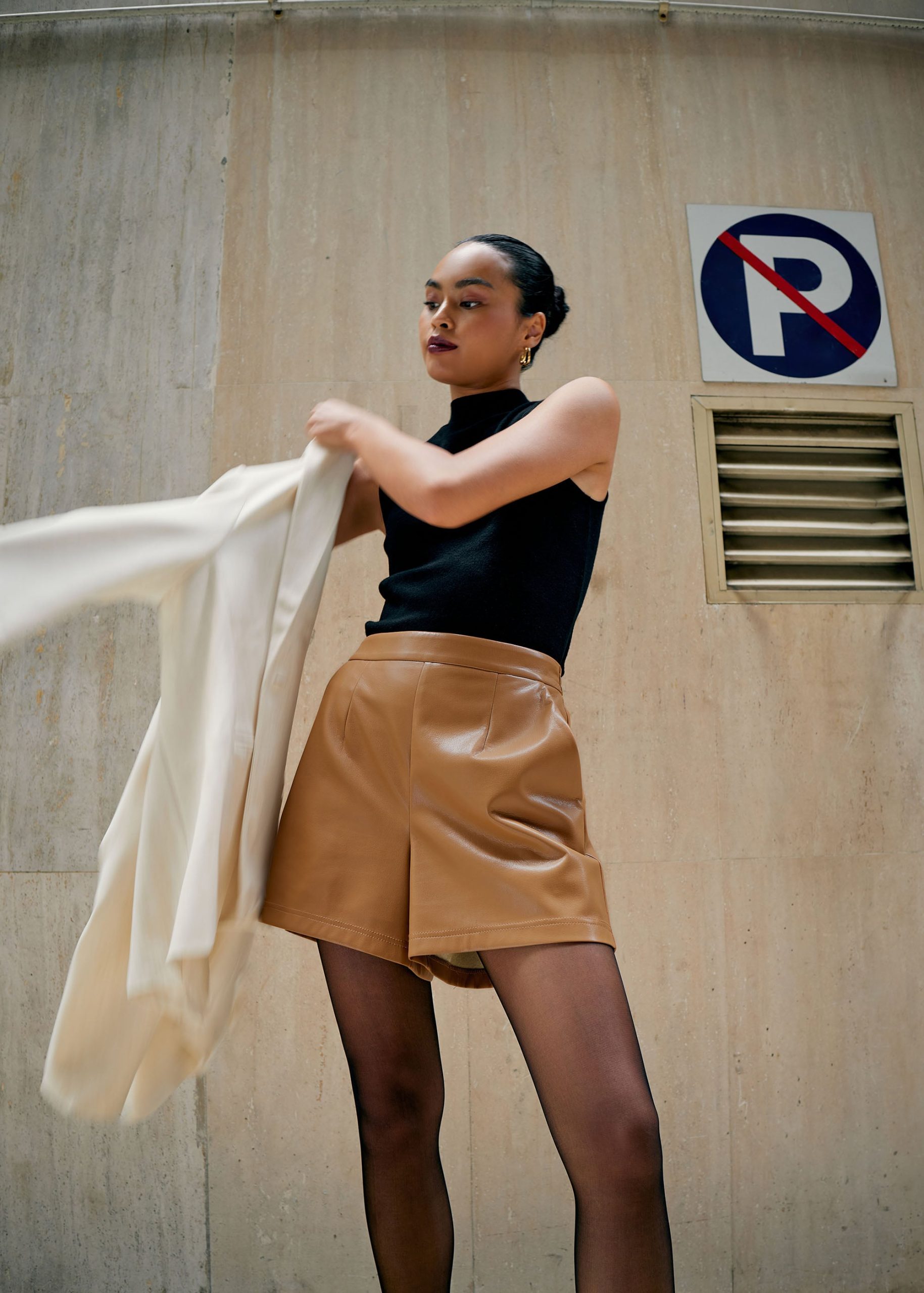 Elastic Vegan Leather High Waist A-line Shorts