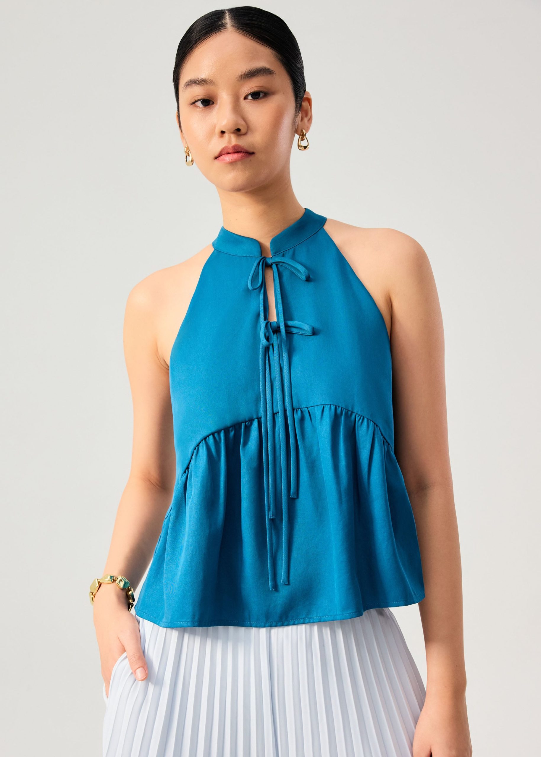 Lyocell Pleated Front Tie Mandarin Collar Peplum Shell Top - Image 20