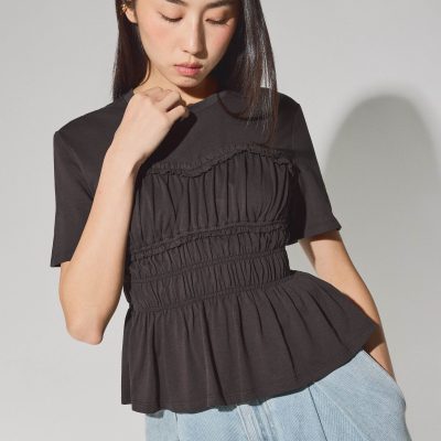 Jersey Ruched Bodice Round Neck Peplum Top