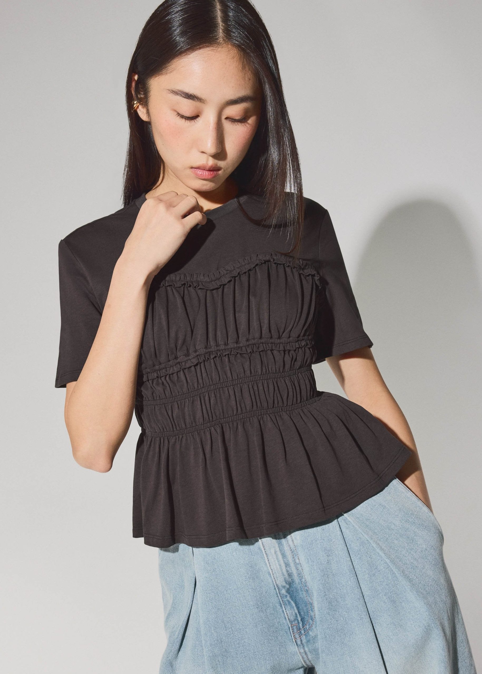 Jersey Ruched Bodice Round Neck Peplum Top