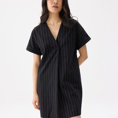 Linen Striped V-neck Shift Mini Dress