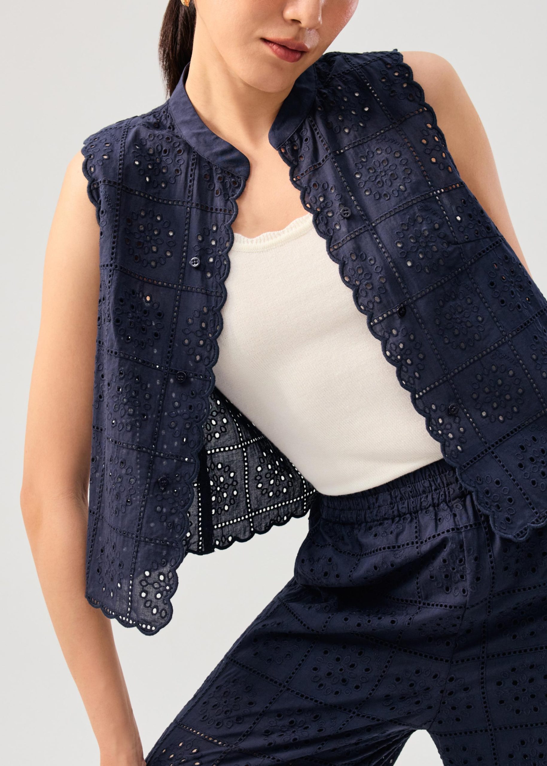 Cotton Broderie Mandarin Collar Top - Image 7