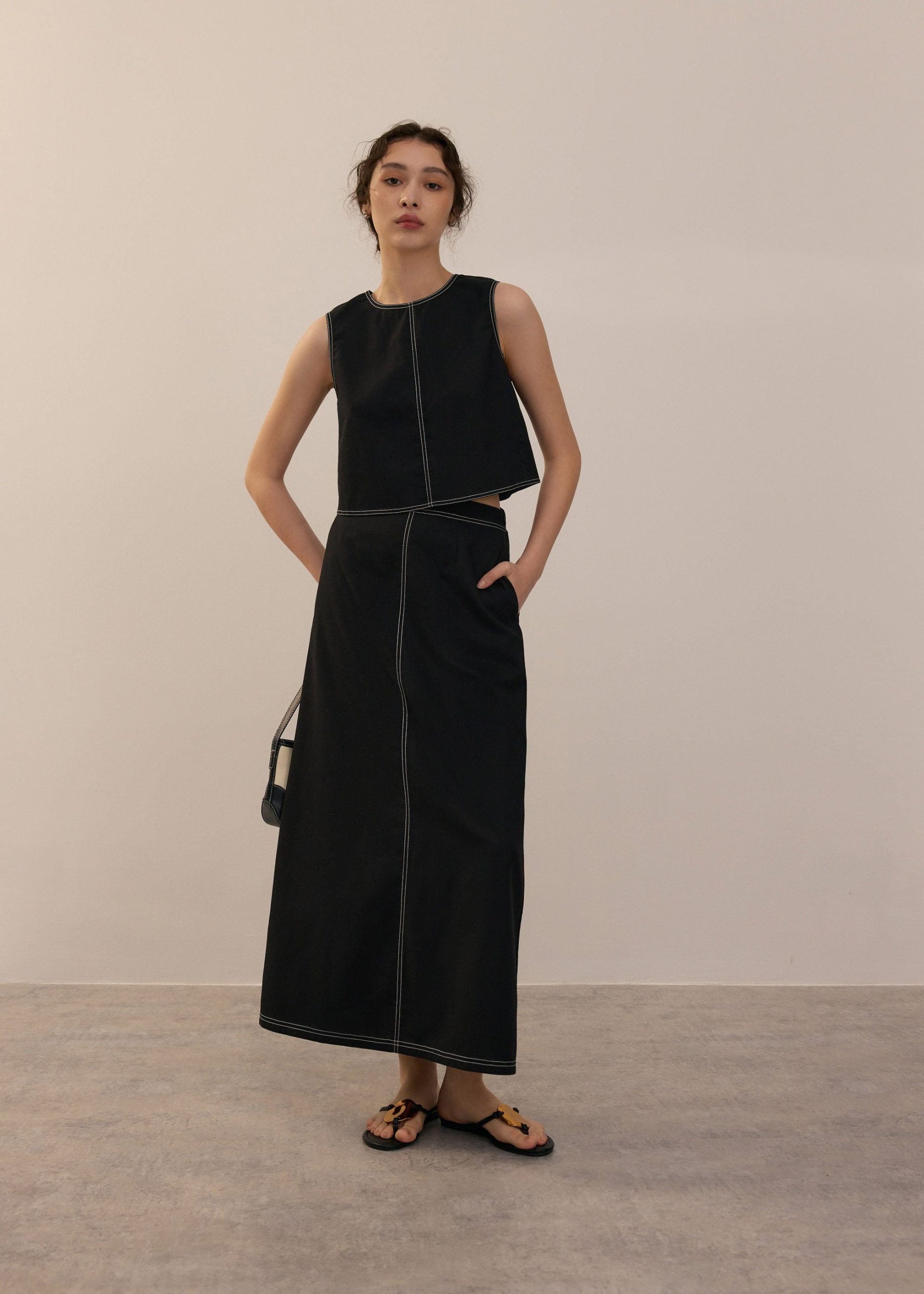 Elastic Contrast Stitch High Waist A-line Maxi Skirt - Image 22