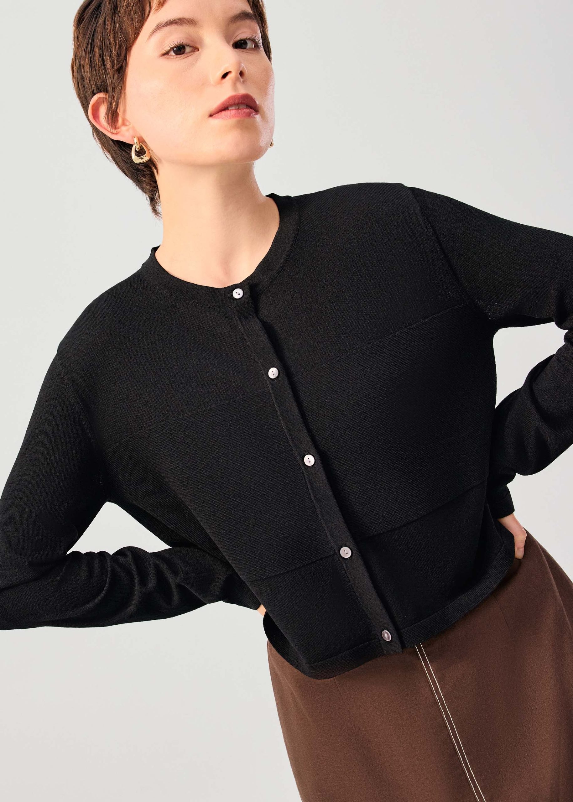 Sheer Knit Front Panel Round Neck Cardigan - Image 3