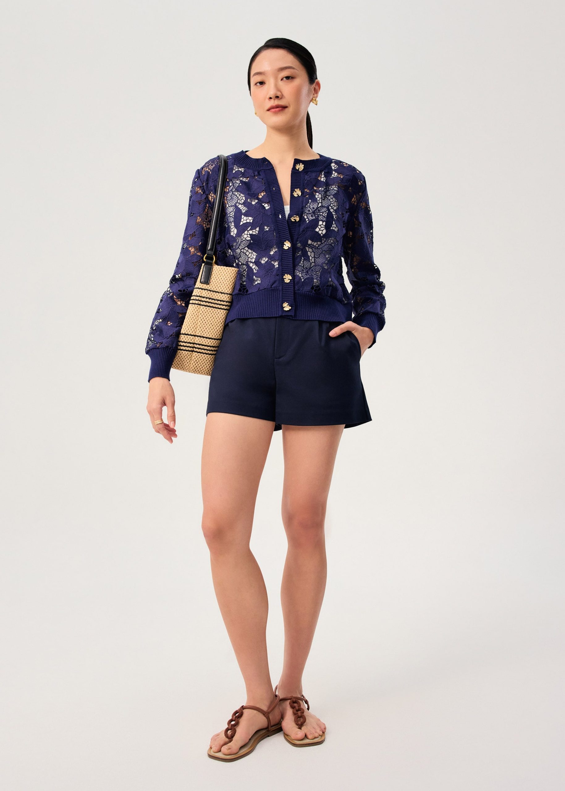Floral Lace Knit Round Neck Cardigan - Image 9