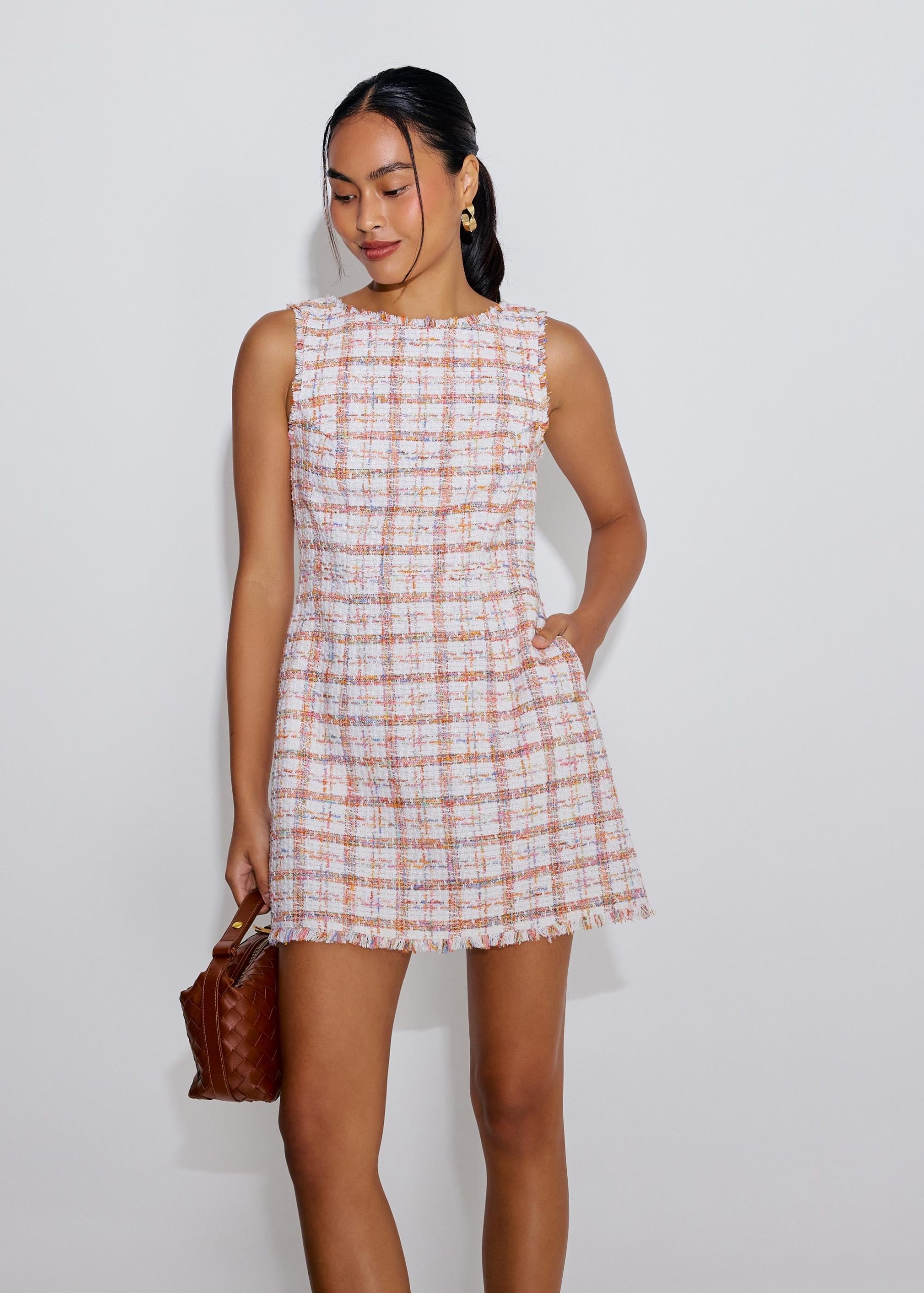 Tweed Boat Neck A-Line Mini Dress - Image 12