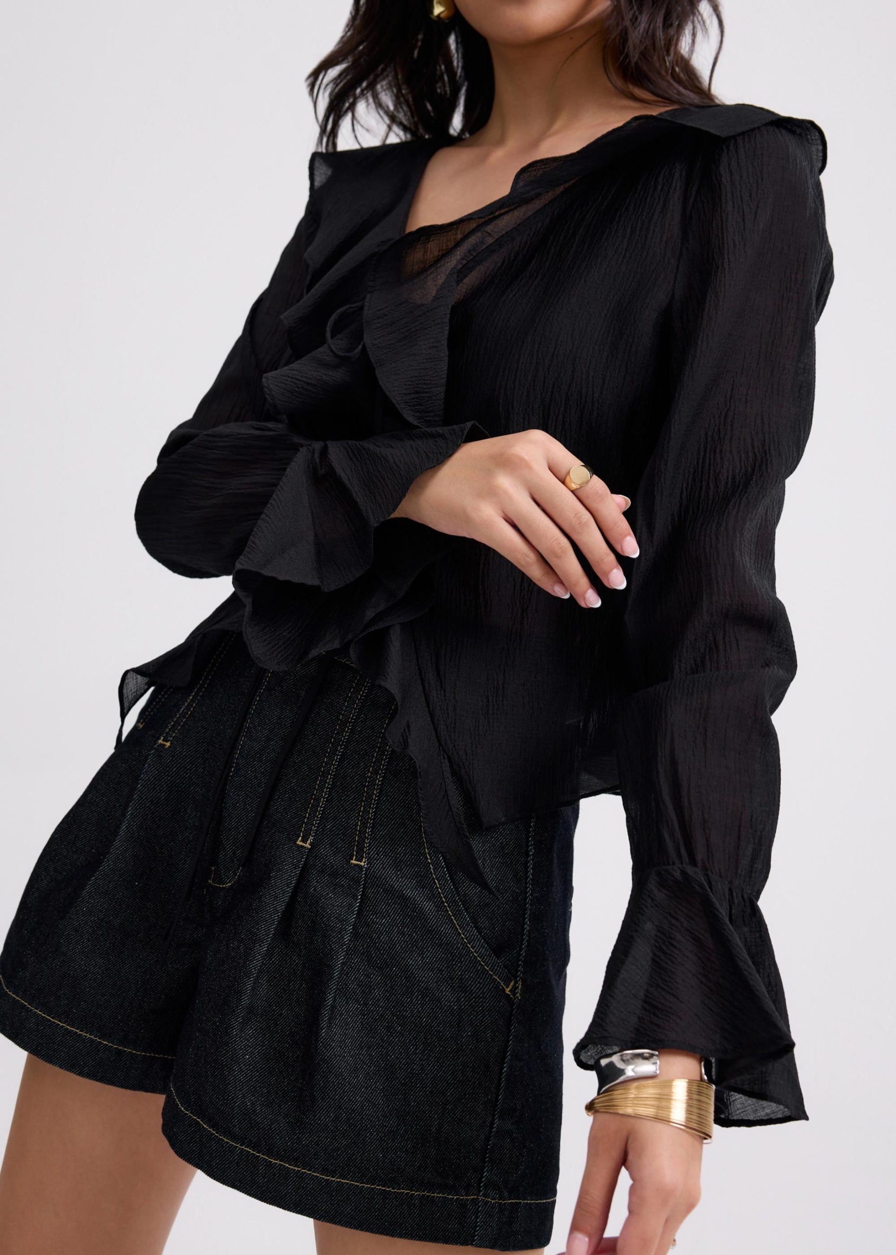 Relaxed Georgette V-neck Frill Blouse - Image 7