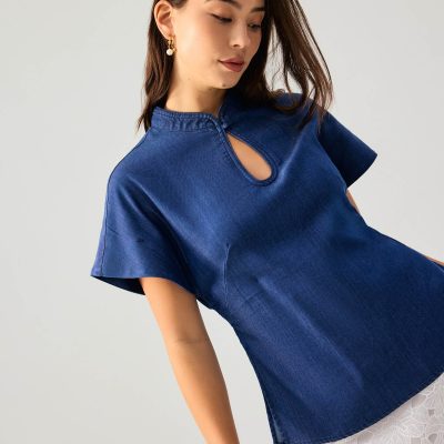Chambray Mandarin Collar Drop Shoulder Top