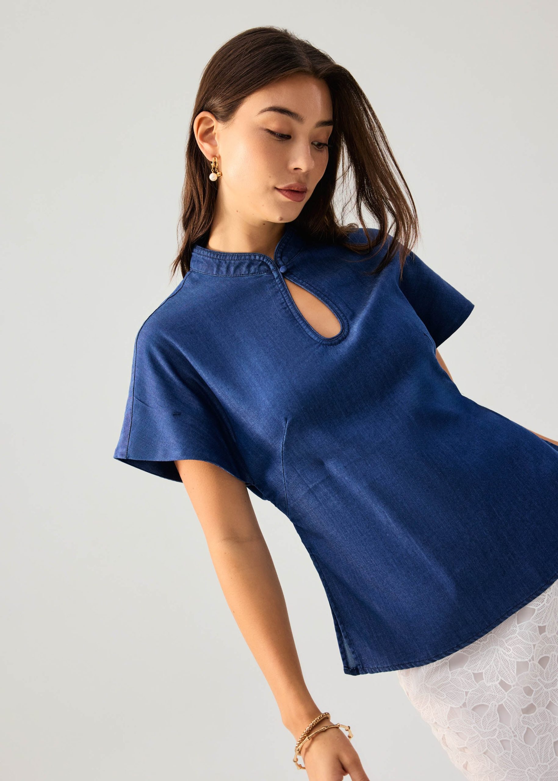 Chambray Mandarin Collar Drop Shoulder Top