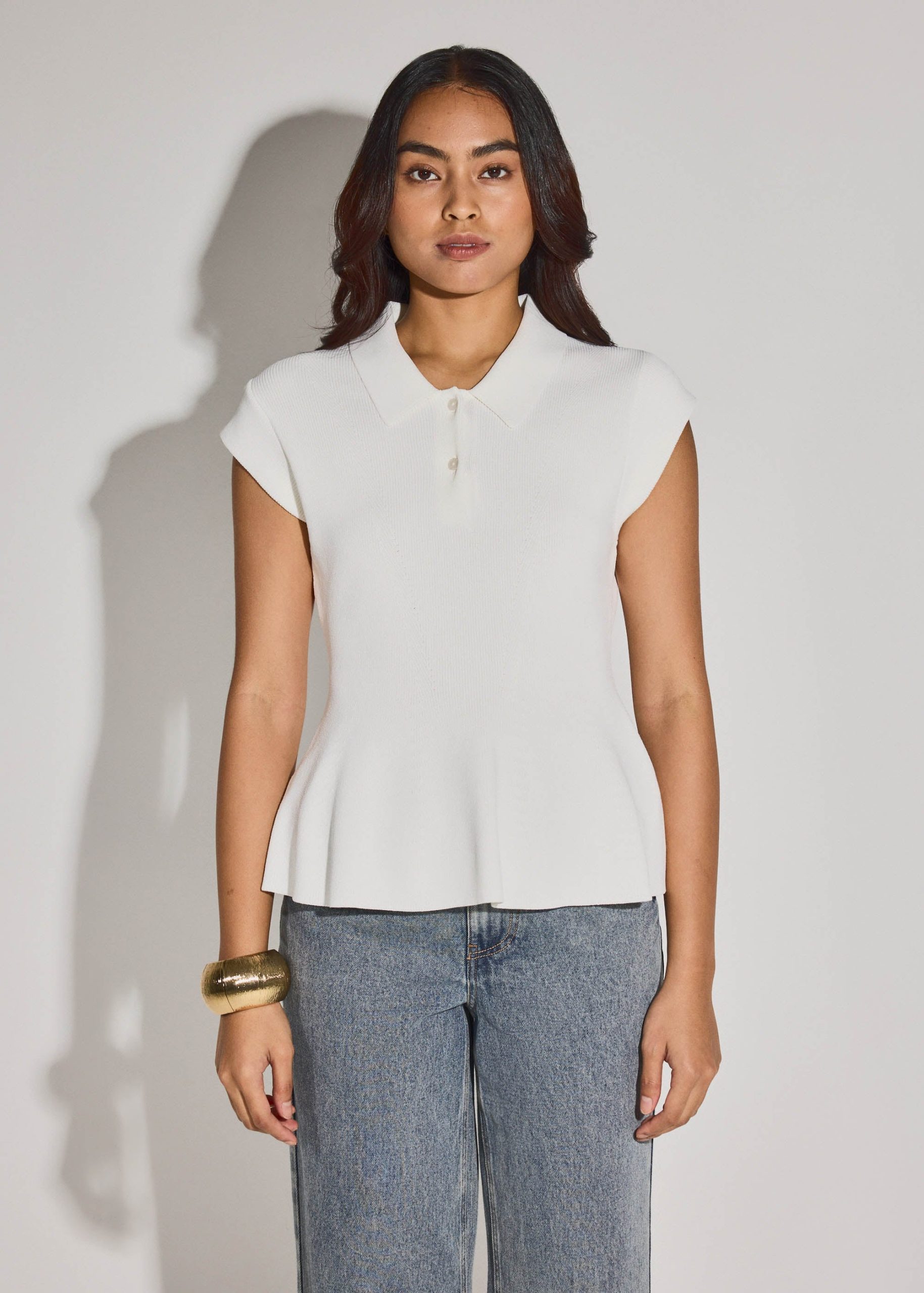Knit Collared Peplum Polo Top - Image 4