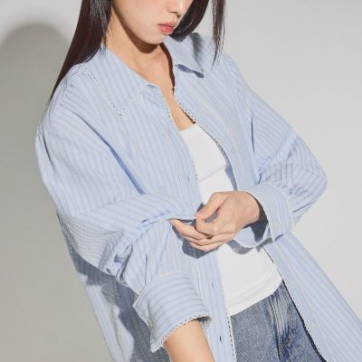 RuchedReady® Relaxed Striped Cotton Scallop Trim Shirt