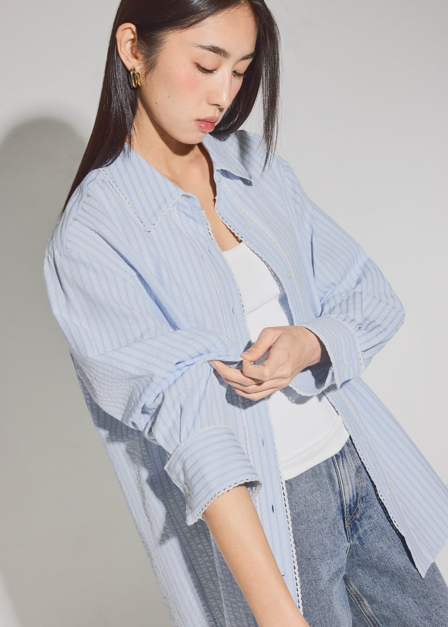 RuchedReady® Relaxed Striped Cotton Scallop Trim Shirt