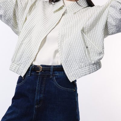 RuchedReady® Relaxed Pinstripe Seersucker Collared Crop Jacket