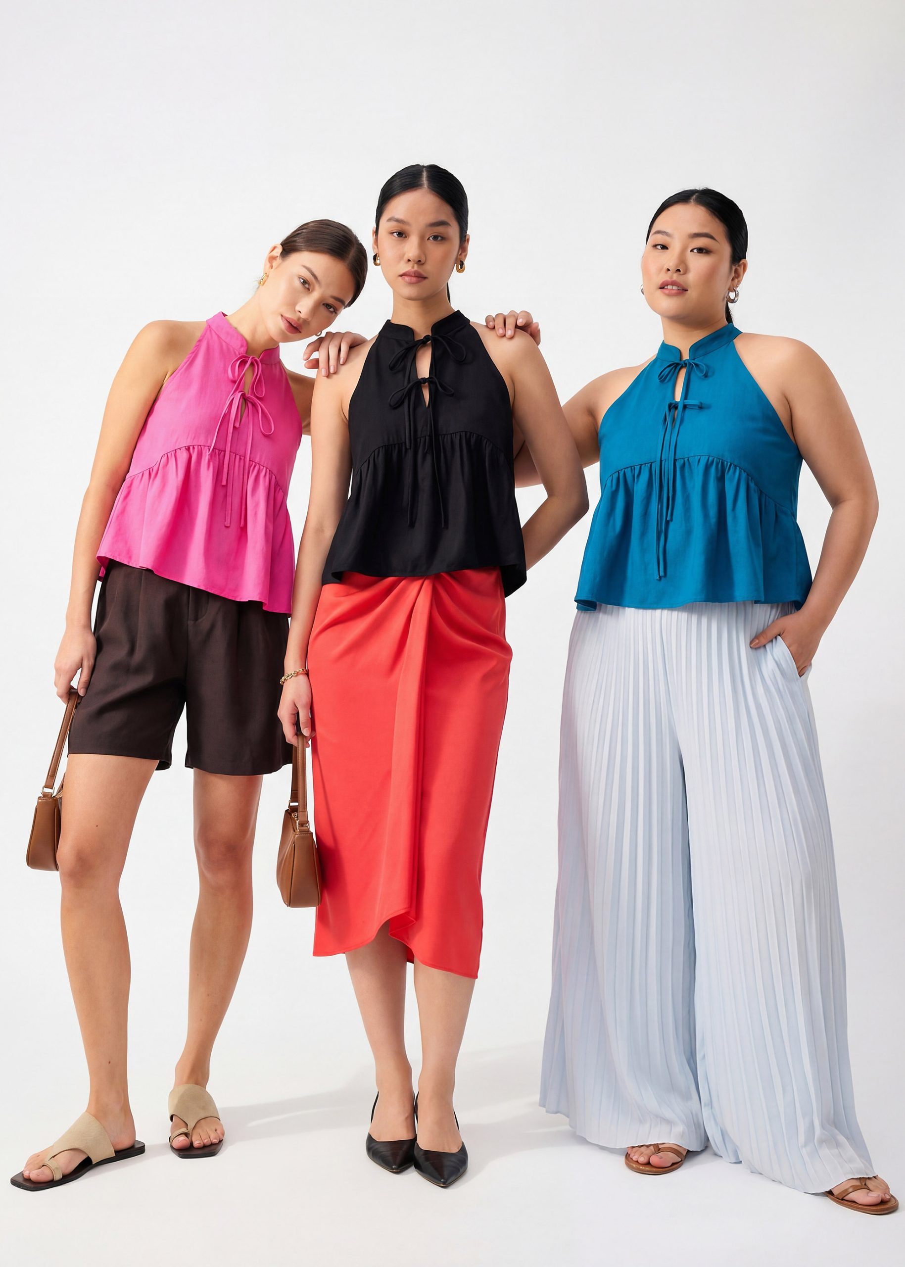 Lyocell Pleated Front Tie Mandarin Collar Peplum Shell Top - Image 3
