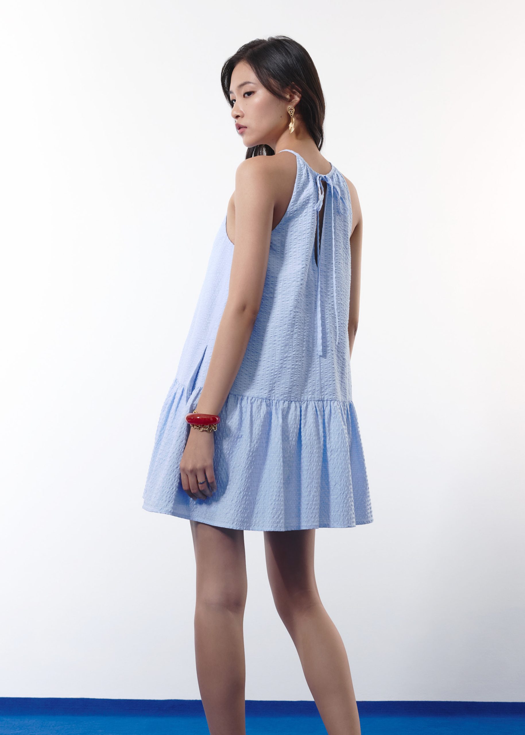 Pinstripe Seersucker Halter Trapeze Mini Dress - Image 10
