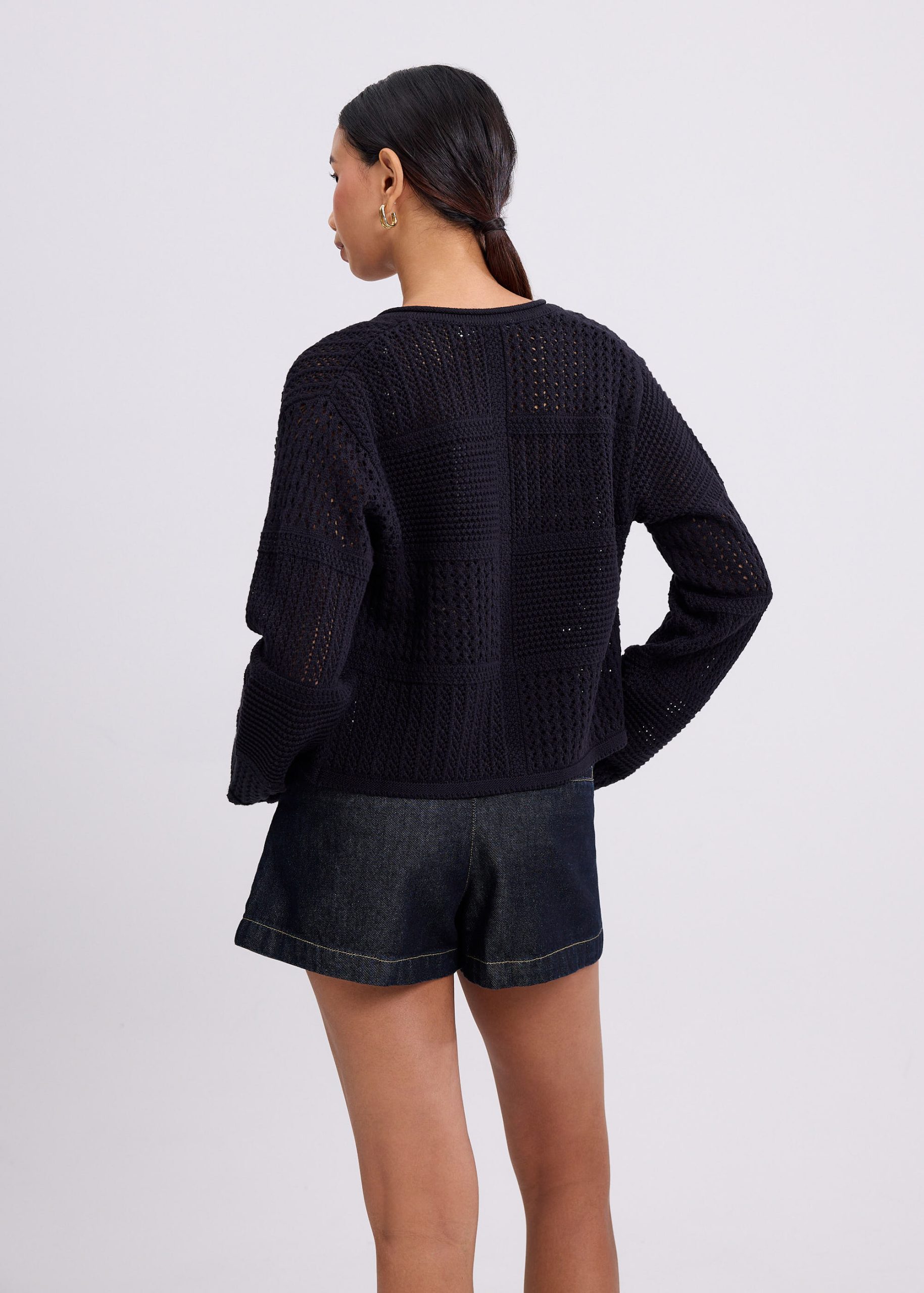 Relaxed Pointelle Knit Round Neck Cardigan - Image 6