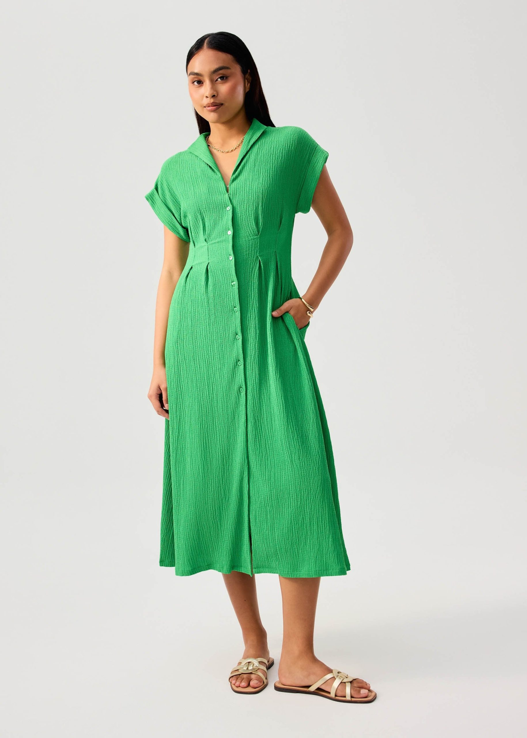 Crinkled Collared Button Down Fit & Flare Midi Dress