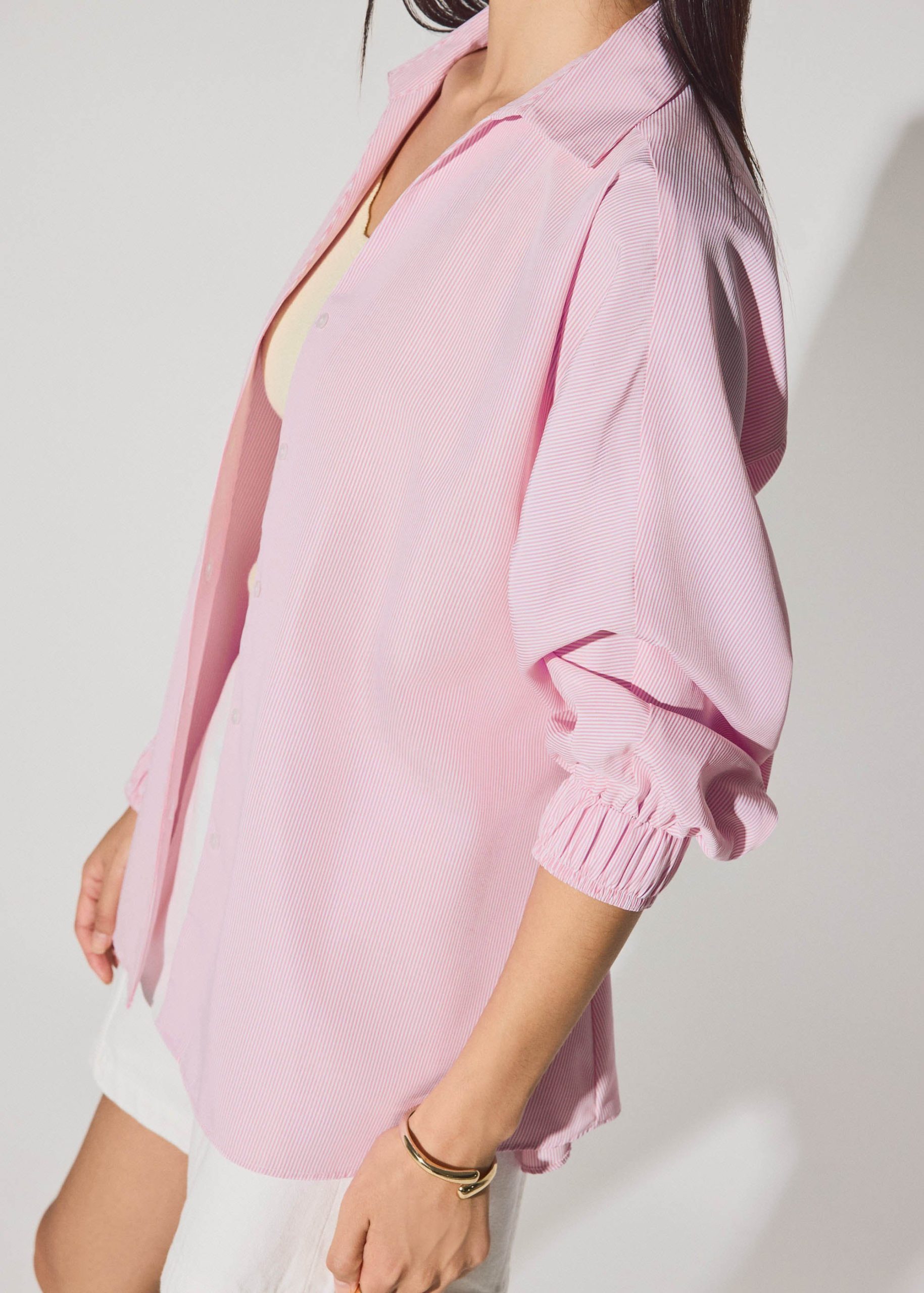 Striped Cotton Collared Puff Sleeve Button Down Top - Image 10