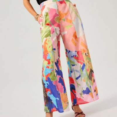 Elastic Panelled Mid Waist Wide Leg Pants in Vivid Blooms