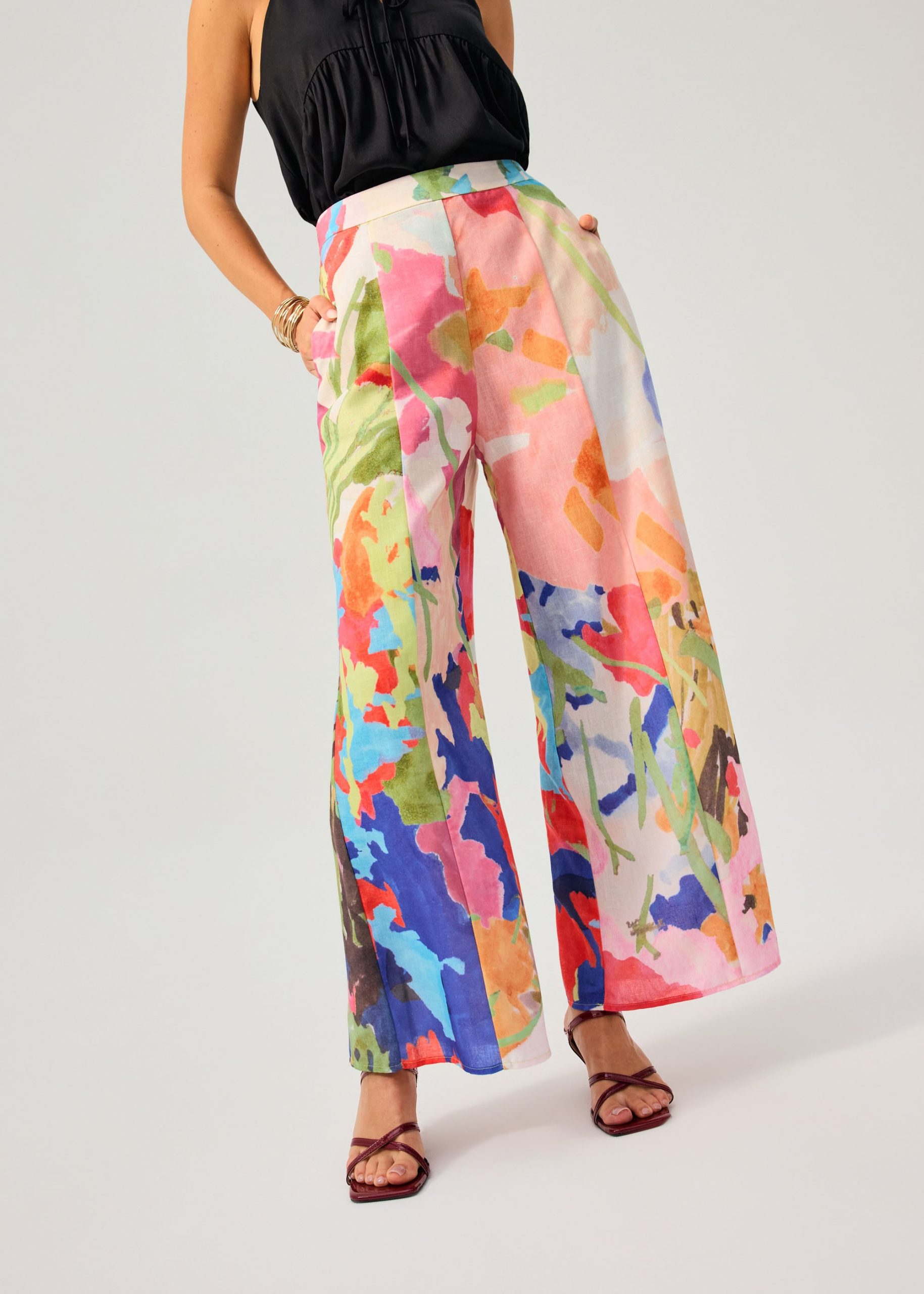 Elastic Panelled Mid Waist Wide Leg Pants in Vivid Blooms