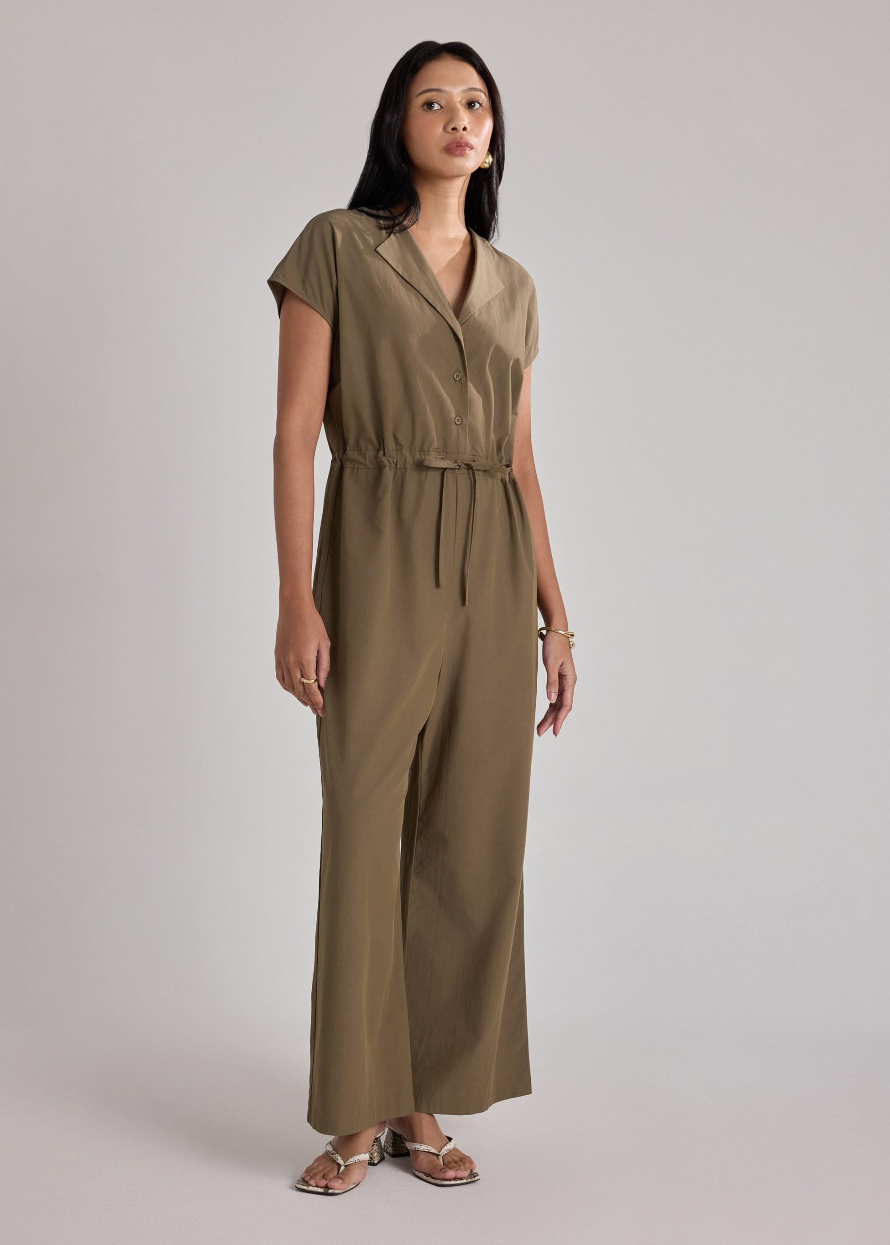 Collared Drawstring Waist Jumpsuit