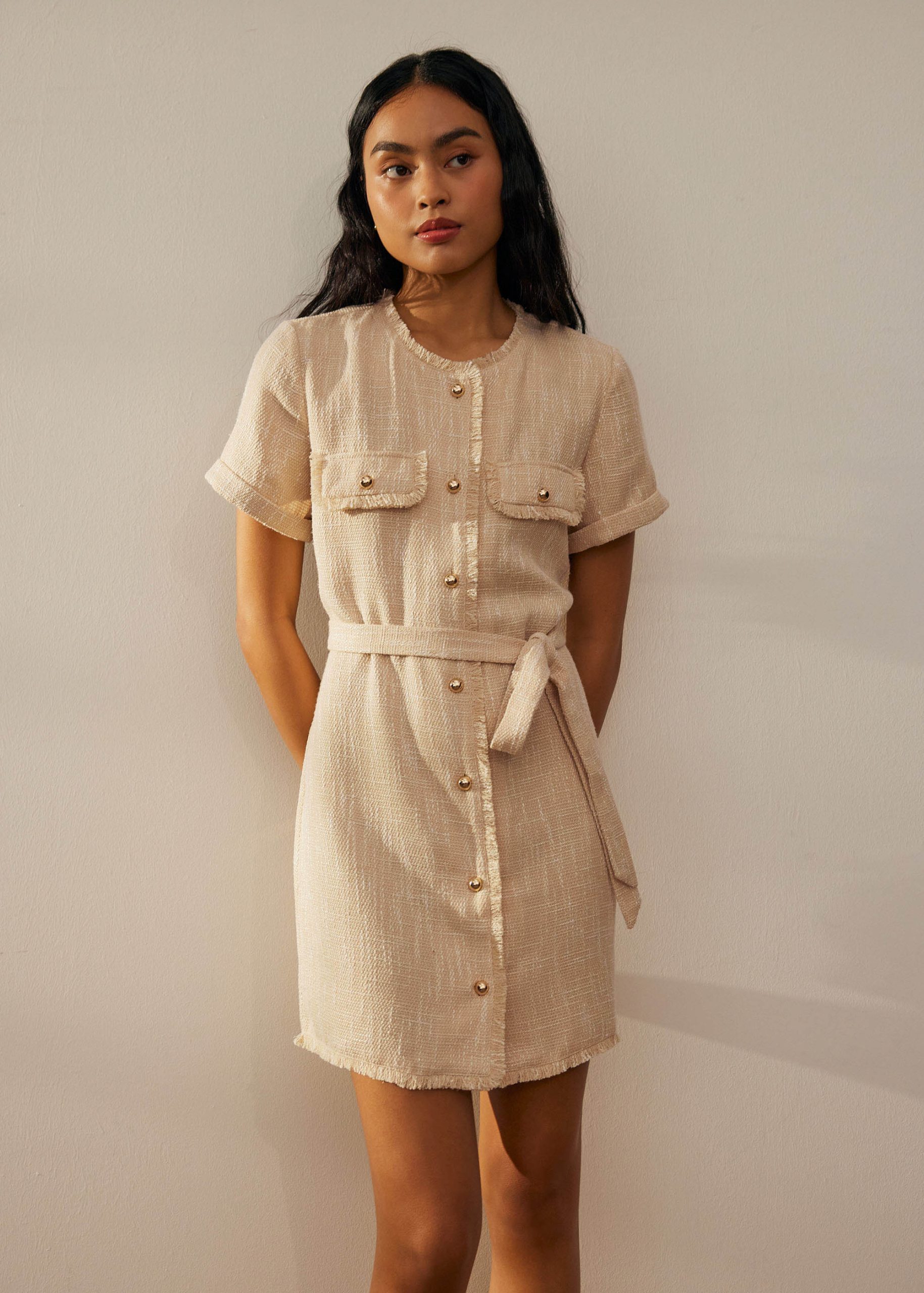 Tweed Belted Button Down Shift Dress - Image 4