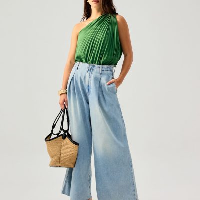 Denim Front Pleat Mid Waist Wide Leg Jeans