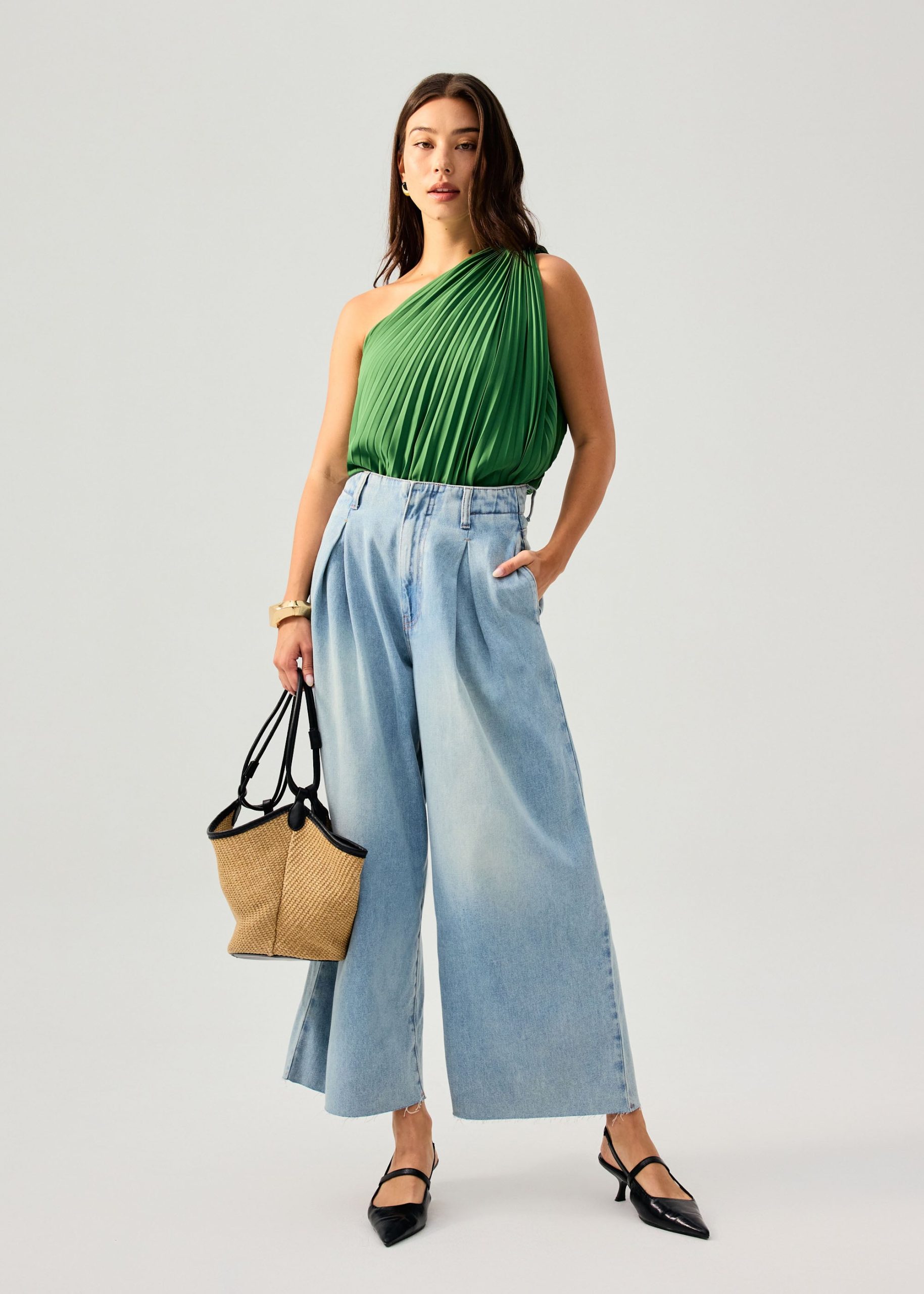 Denim Front Pleat Mid Waist Wide Leg Jeans