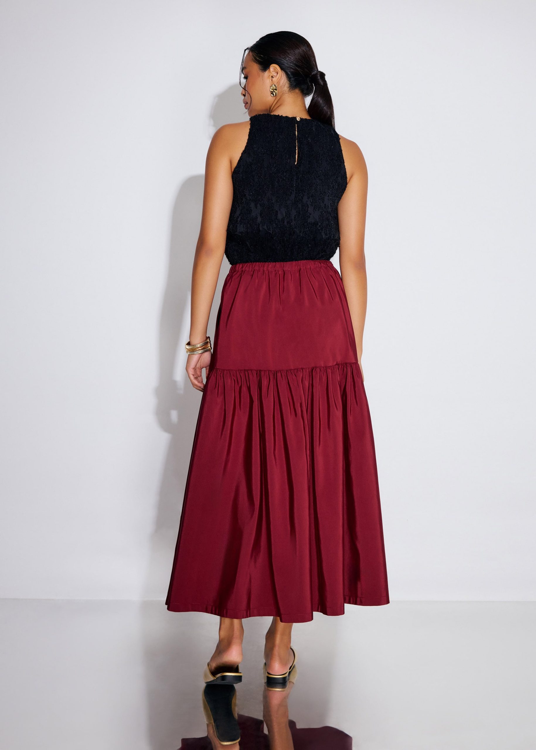 Elastic Tiered High Waist Flare Midaxi Skirt - Image 11