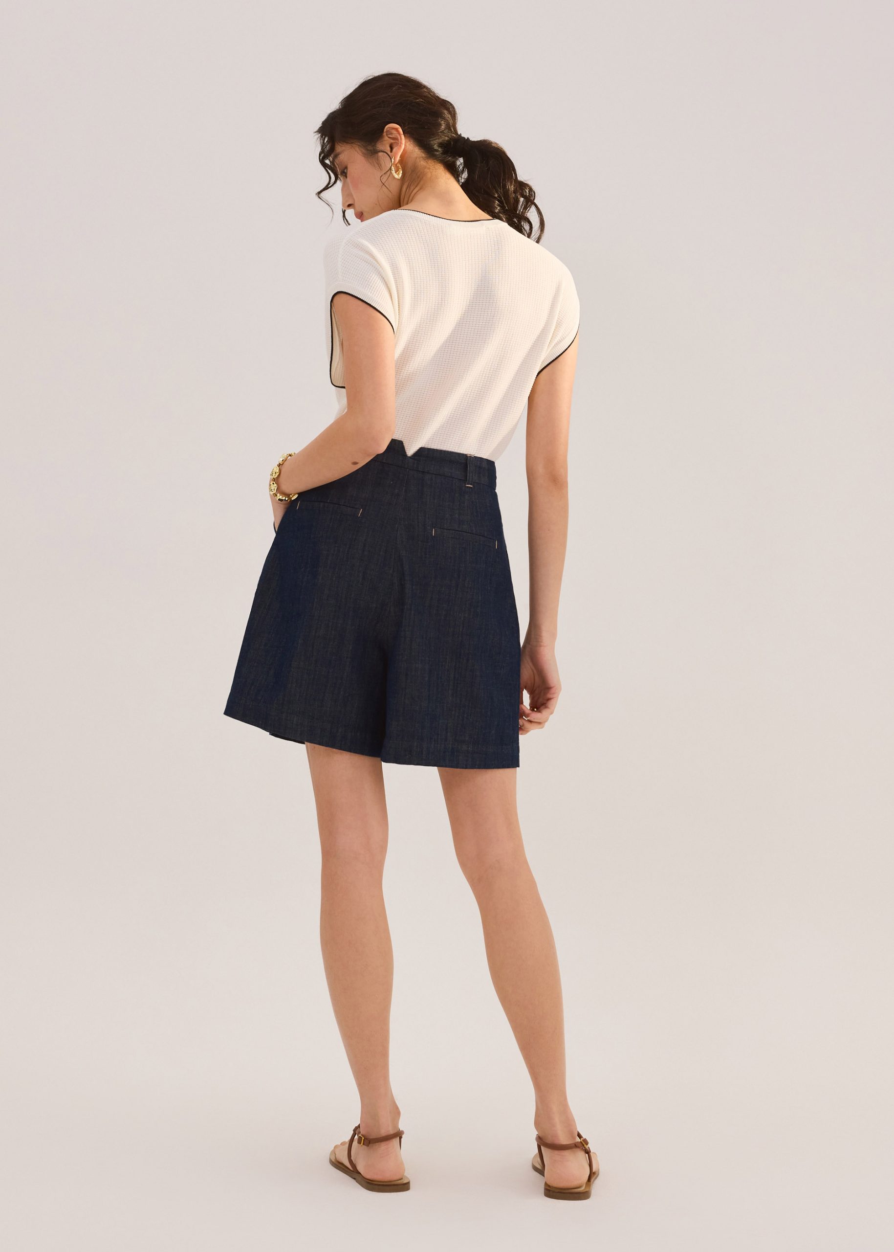 Denim Front Pleat A-Line Bermuda Shorts - Image 5