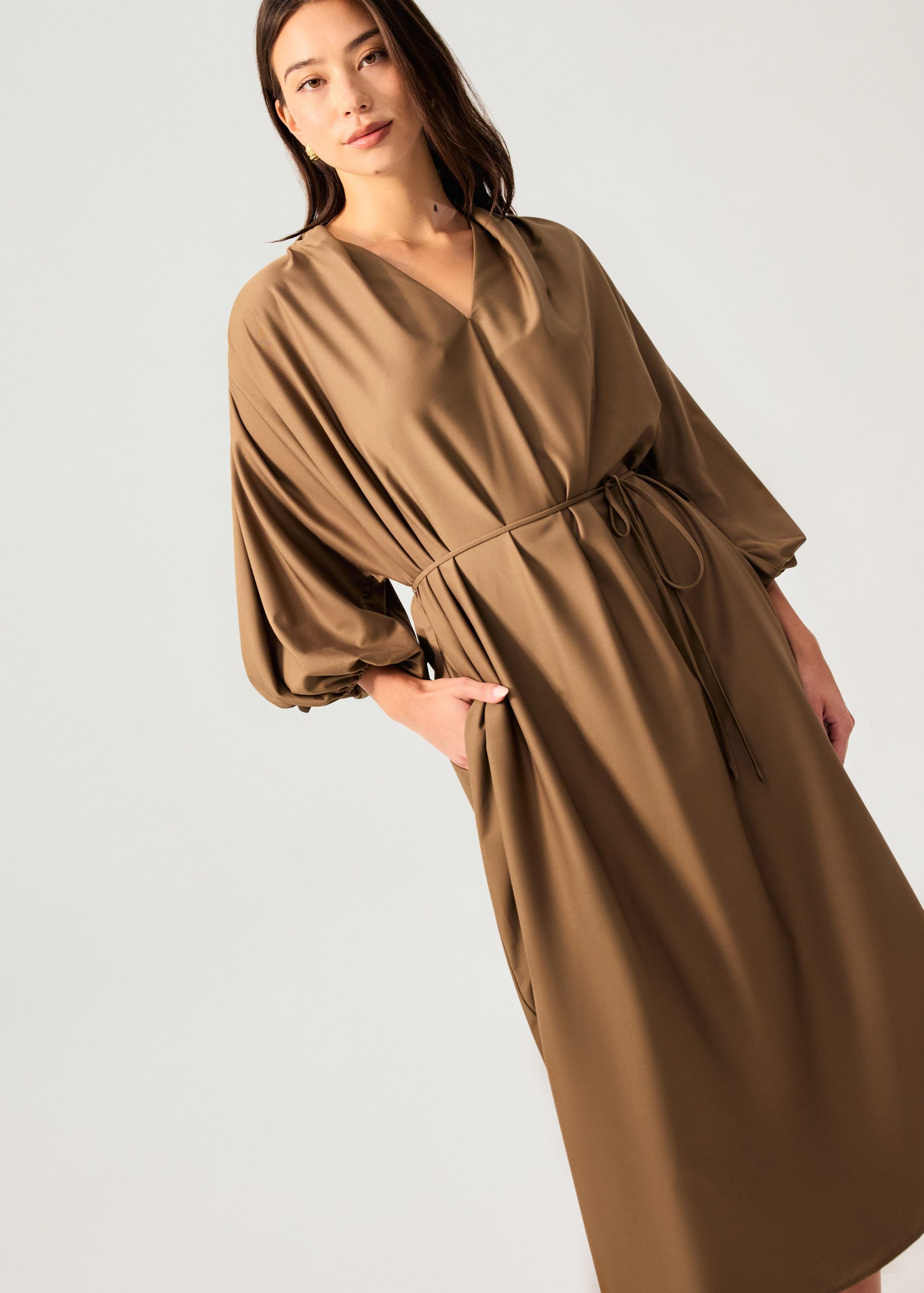 Detachable Sash Tie Puff Sleeve Cocoon Midaxi Dress - Image 11