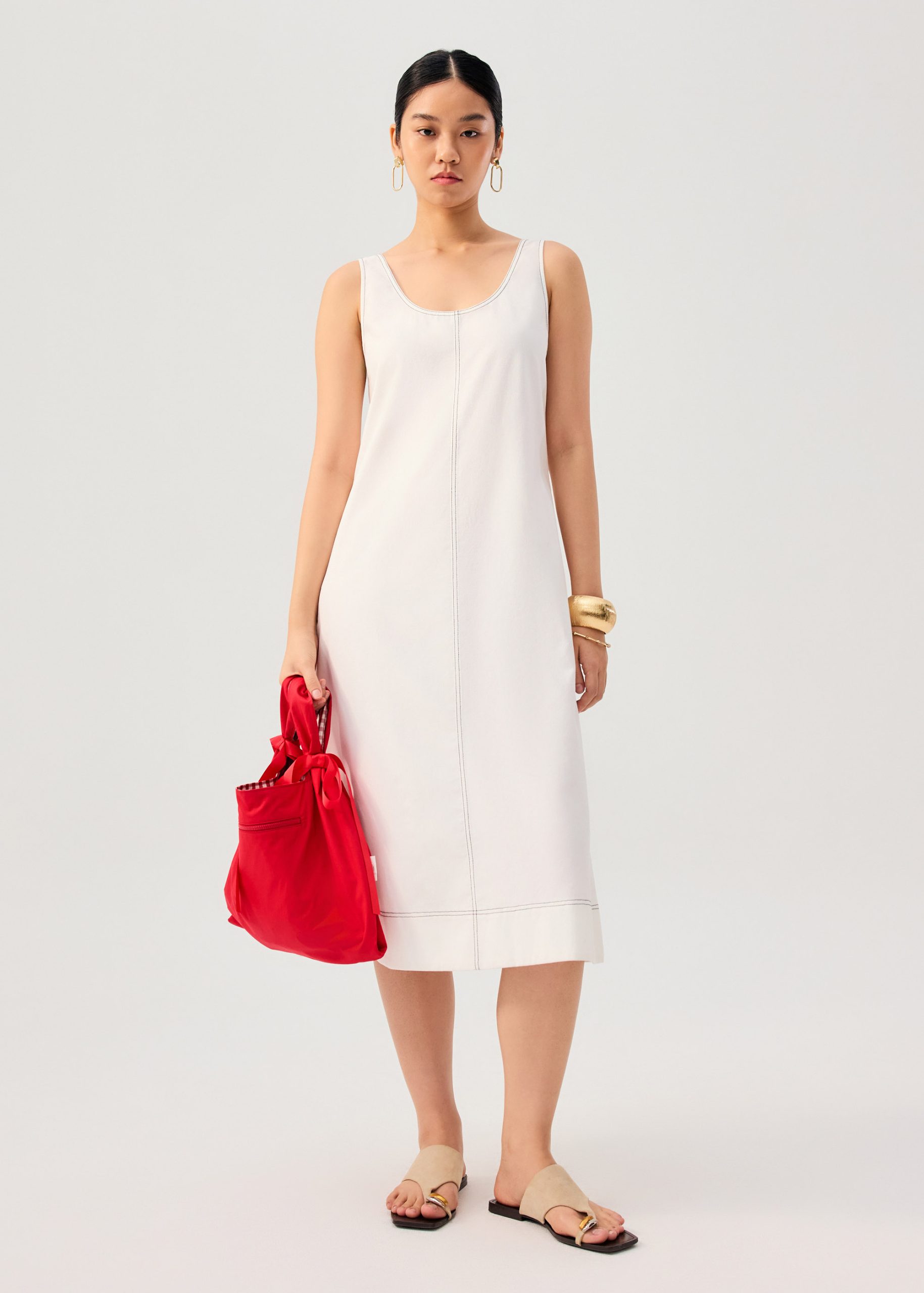 Contrast Stitch Cotton Scoop Neck A-Line Midi Dress - Image 5