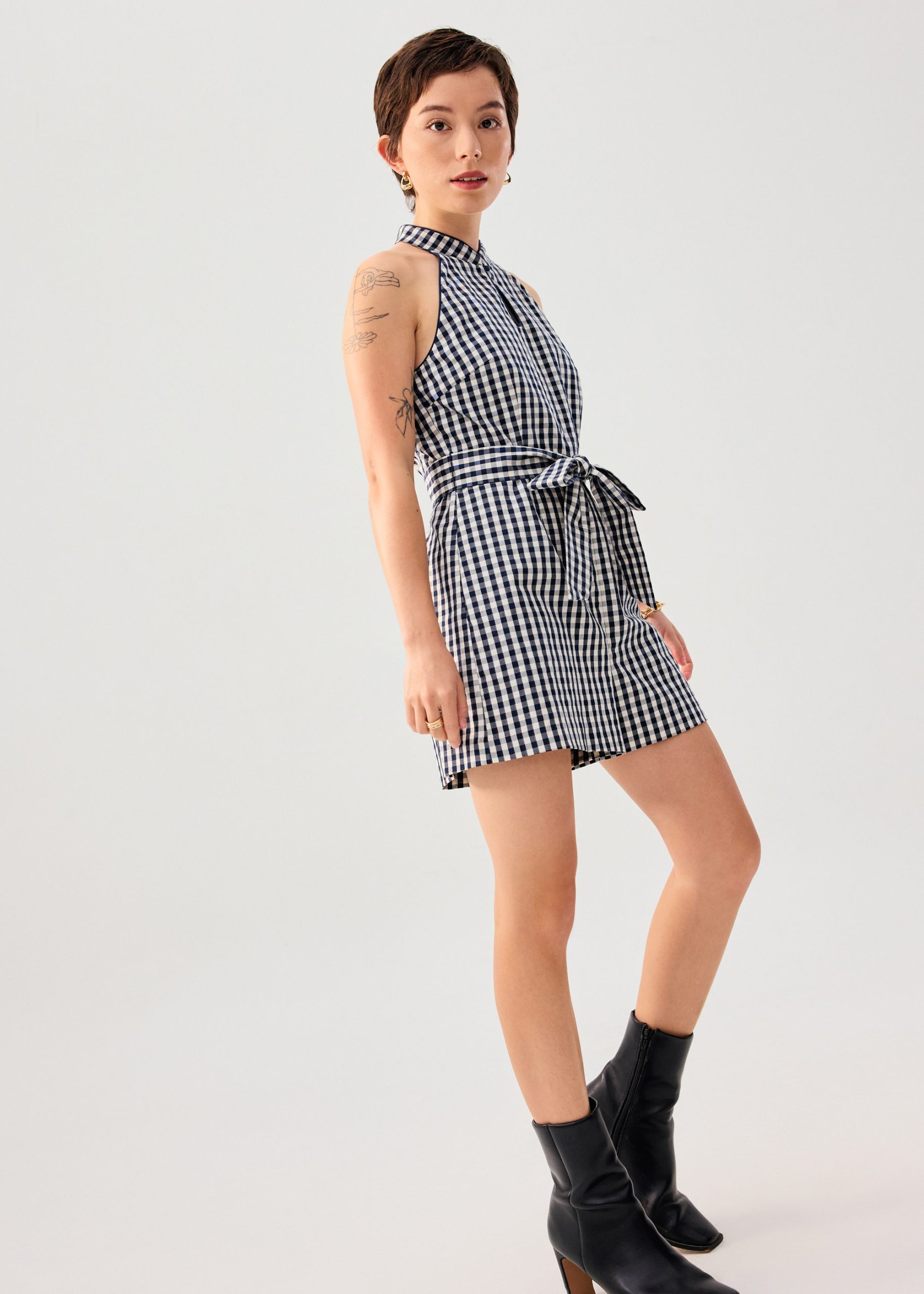 Gingham Cotton Mandarin Collar A-line Romper - Image 12