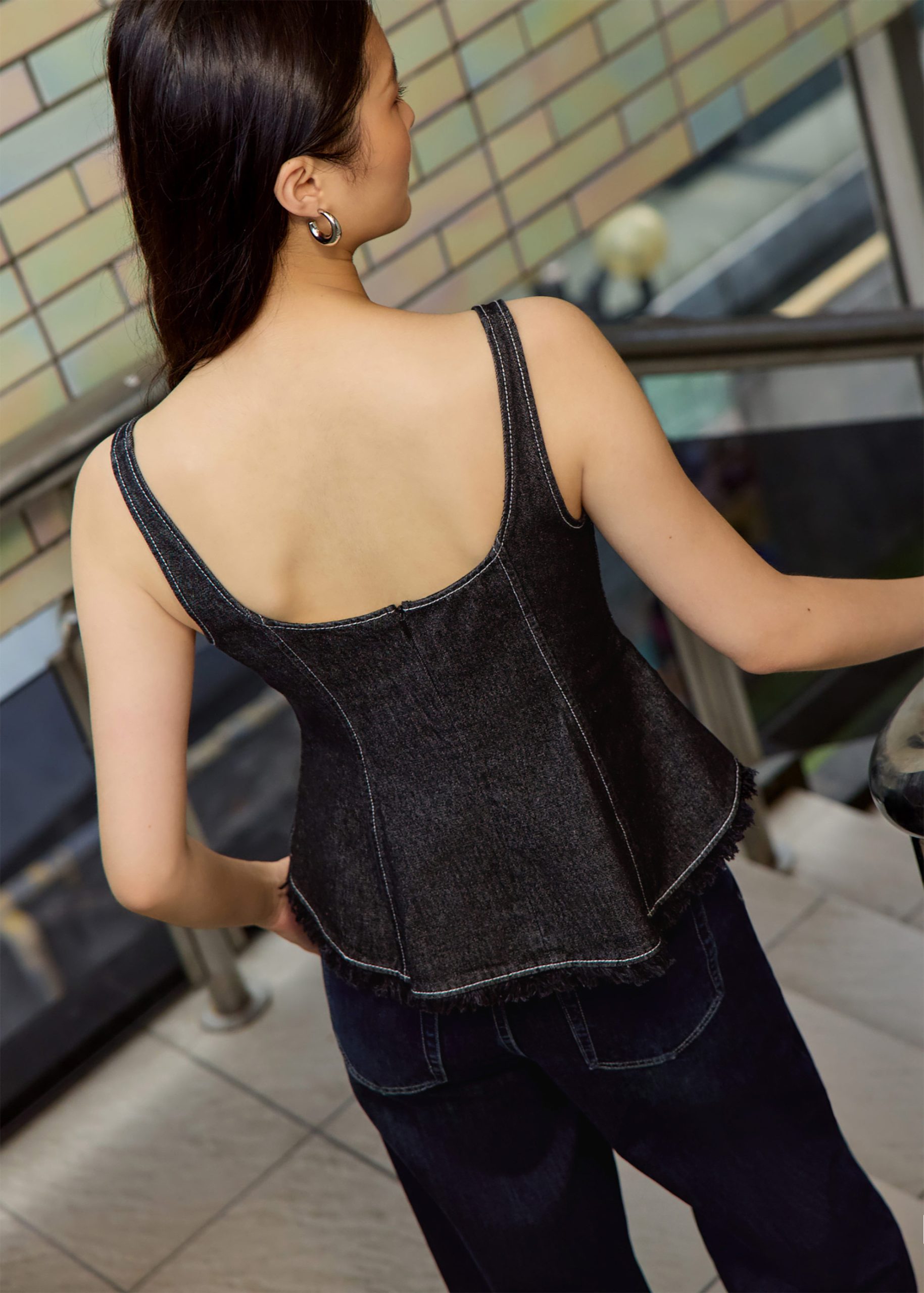 Denim Scoop Neck Peplum Top - Image 4
