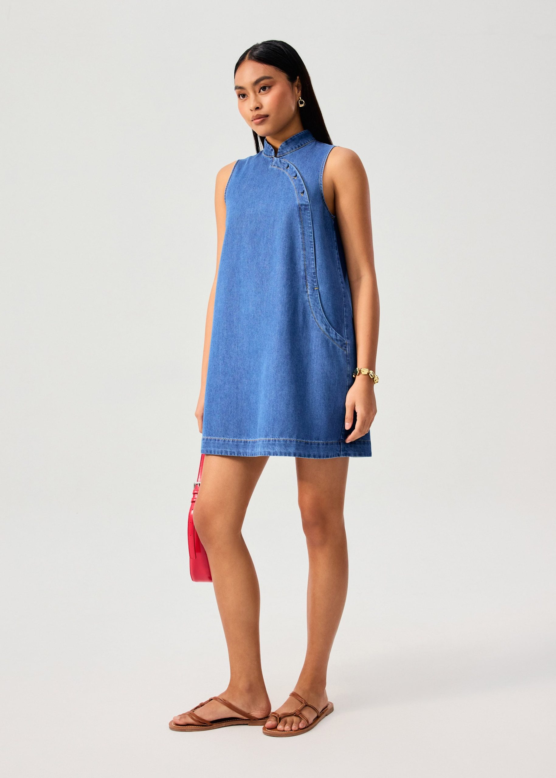 Denim Mandarin Collar Mini Dress - Image 4