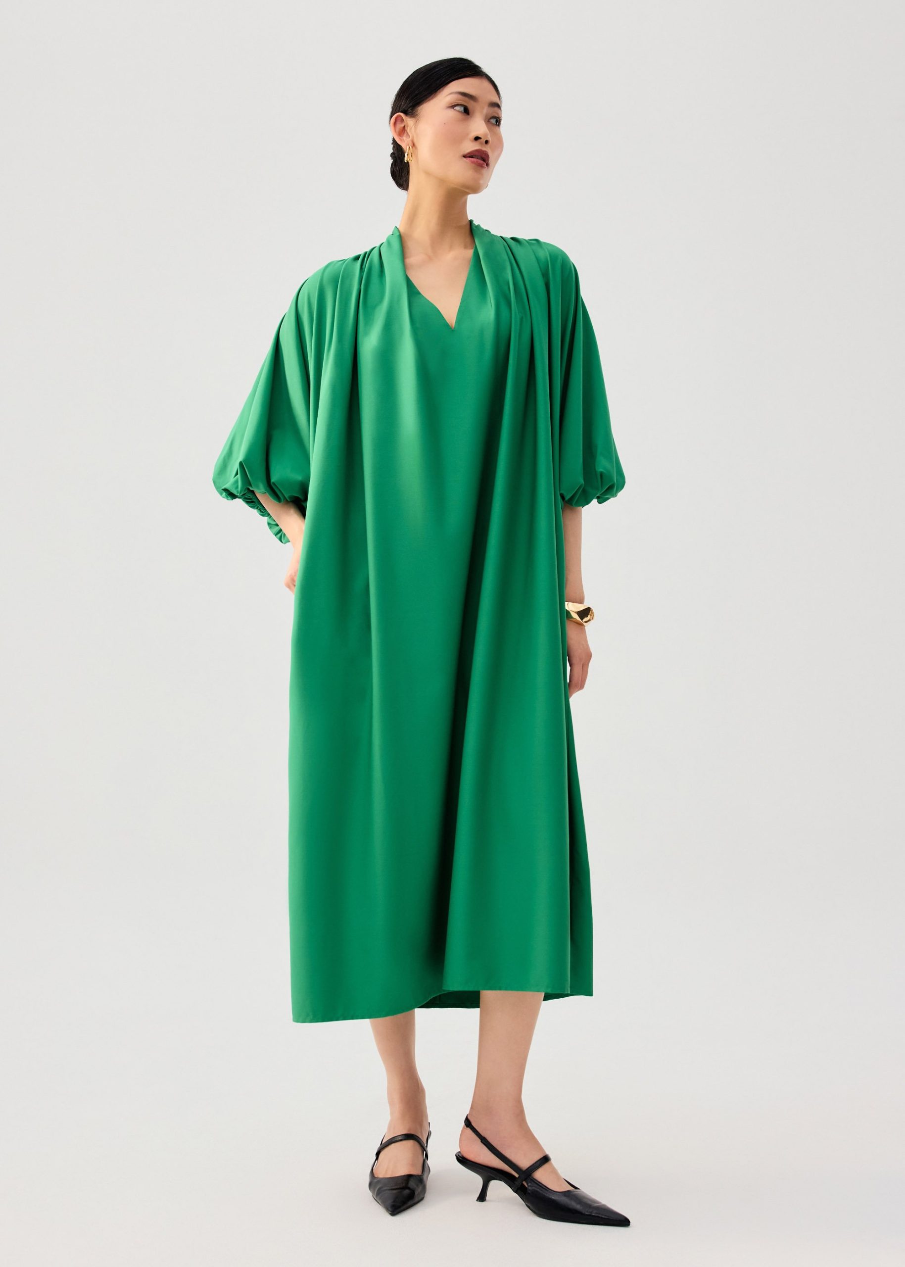Detachable Sash Tie Puff Sleeve Cocoon Midaxi Dress - Image 15