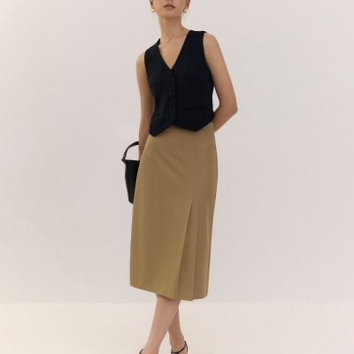 Pleated High Waist Column Midi Skirt