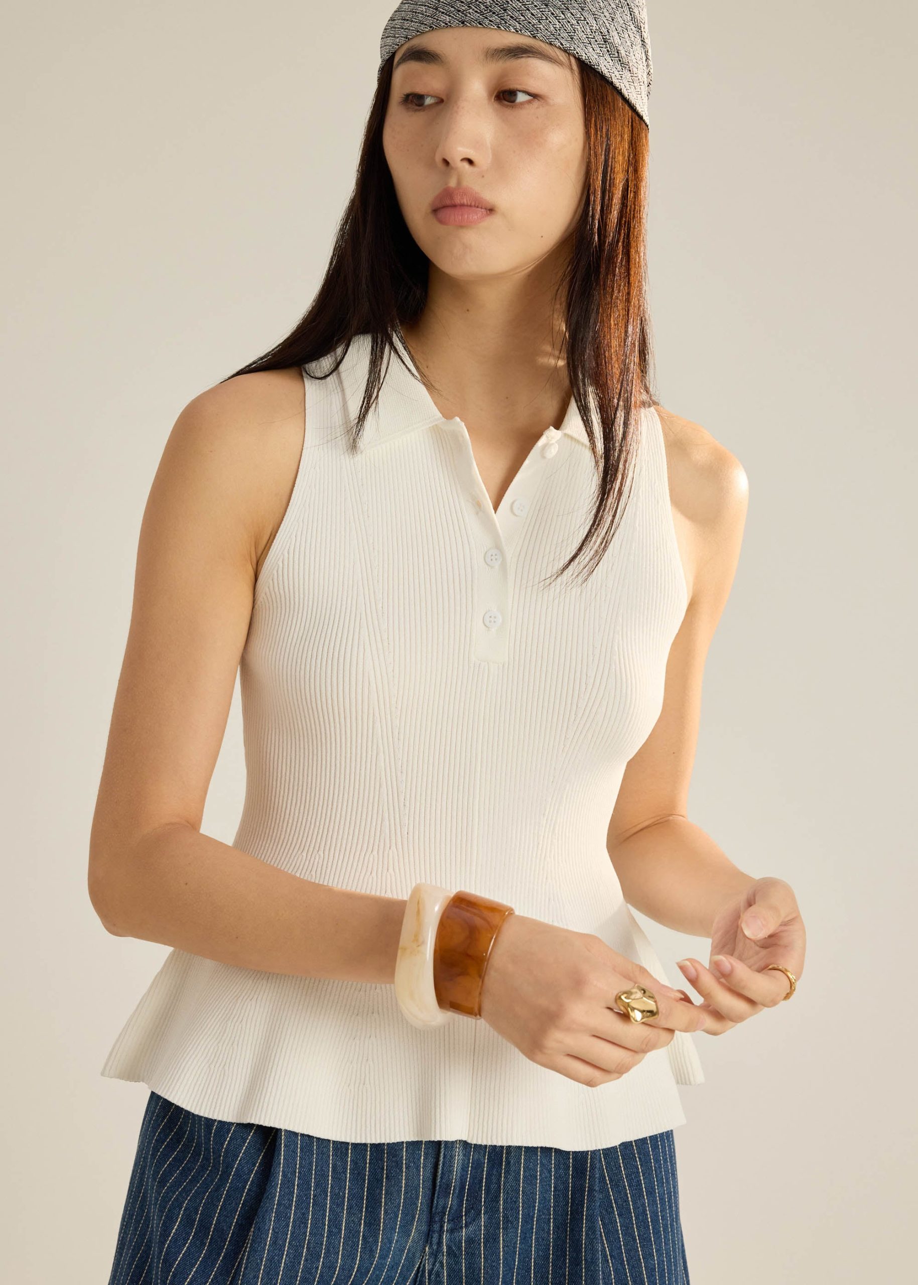 Knit Peplum Polo Top - Image 6