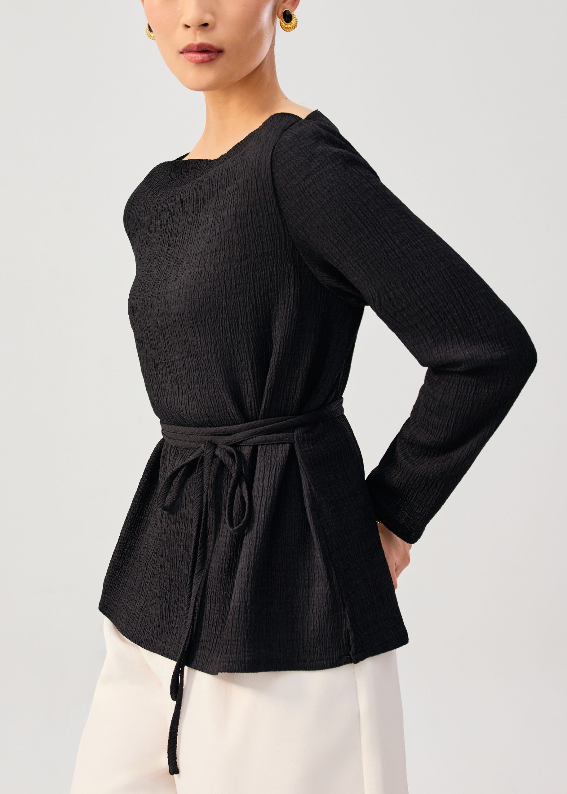 Sash Tie Crinkled Boat Neck Top - Image 6