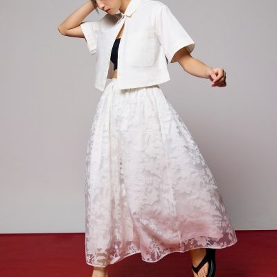 Elastic Jacquard High Waist Flare Maxi Skirt
