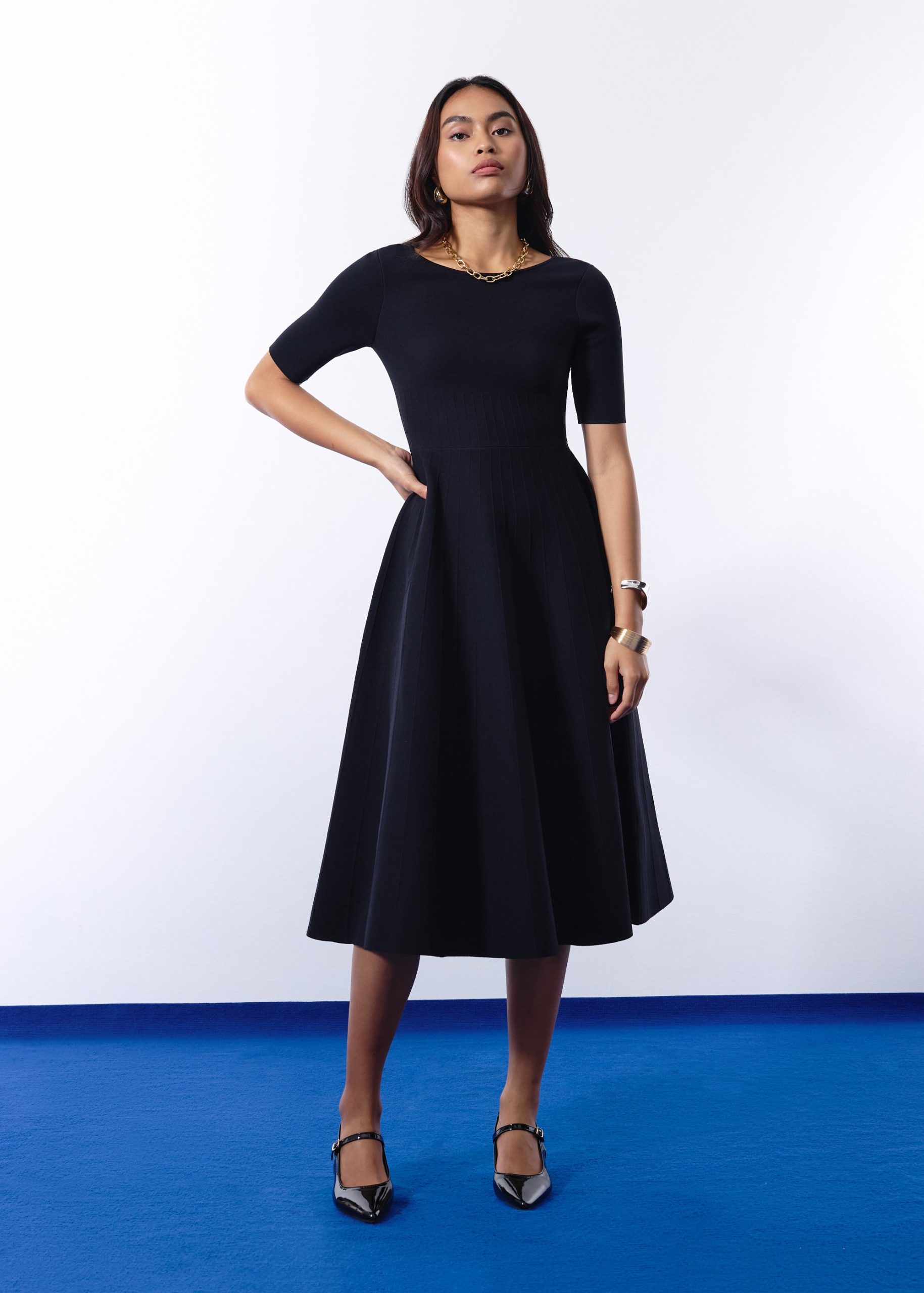 Mutya Contour Knit Boat Neck Fit & Flare Midi Dress - Image 3