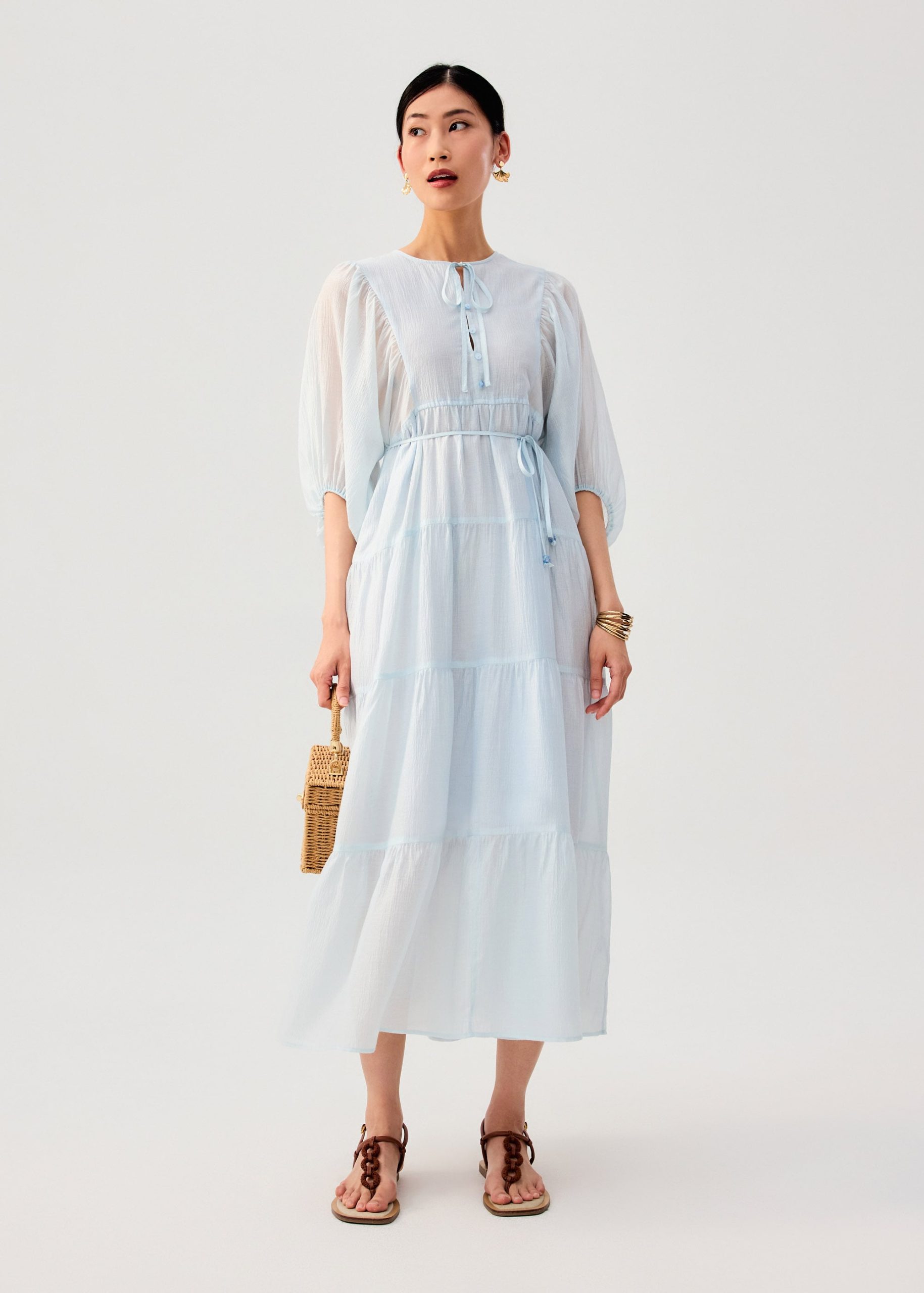 Sheer Lyocell Tiered Round Neck Trapeze Maxi Dress - Image 2