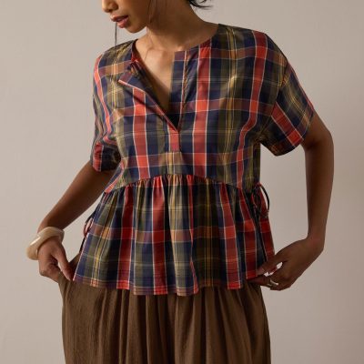 Checkered Cotton Peplum Top
