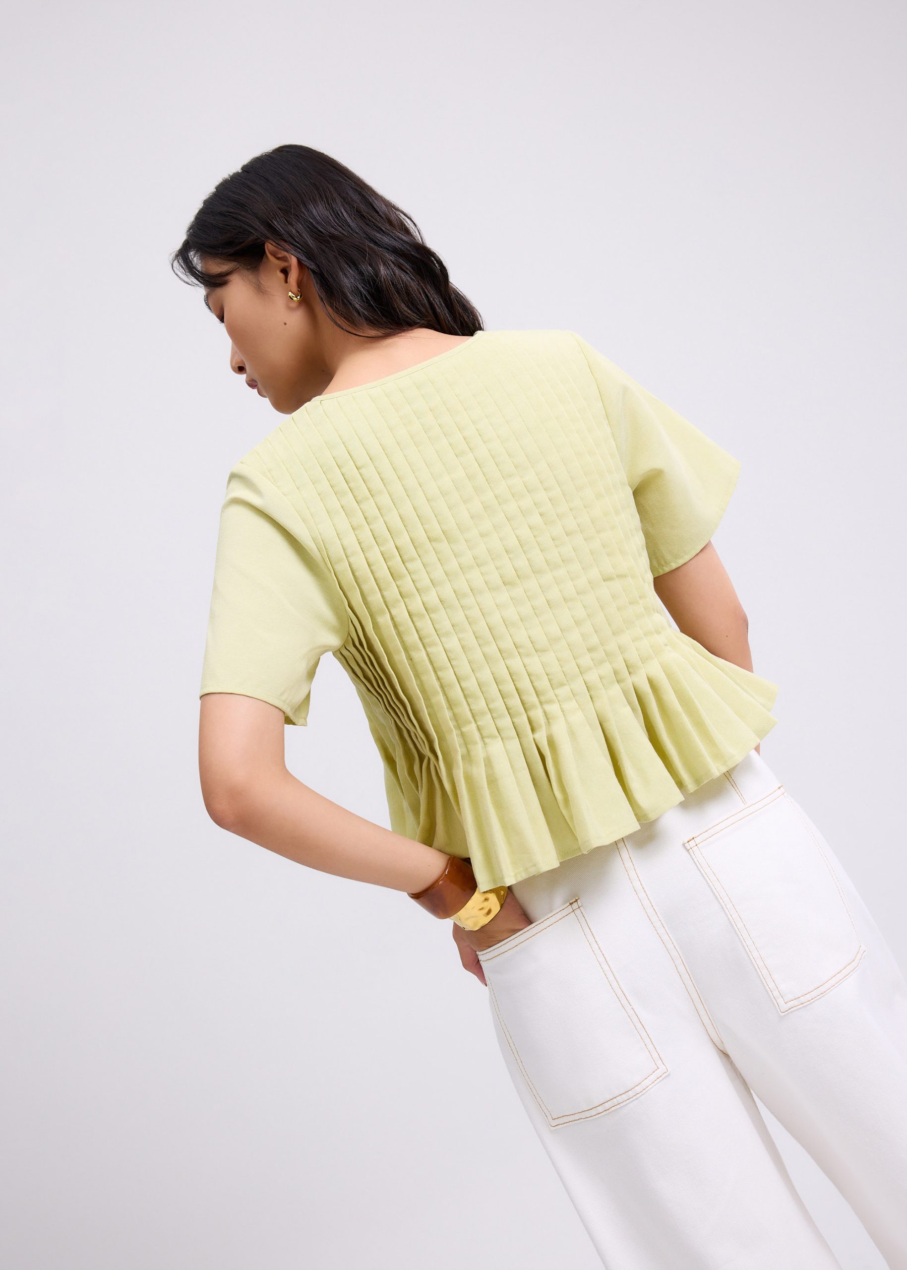Oxford Pintuck Notched Peplum Top - Image 17