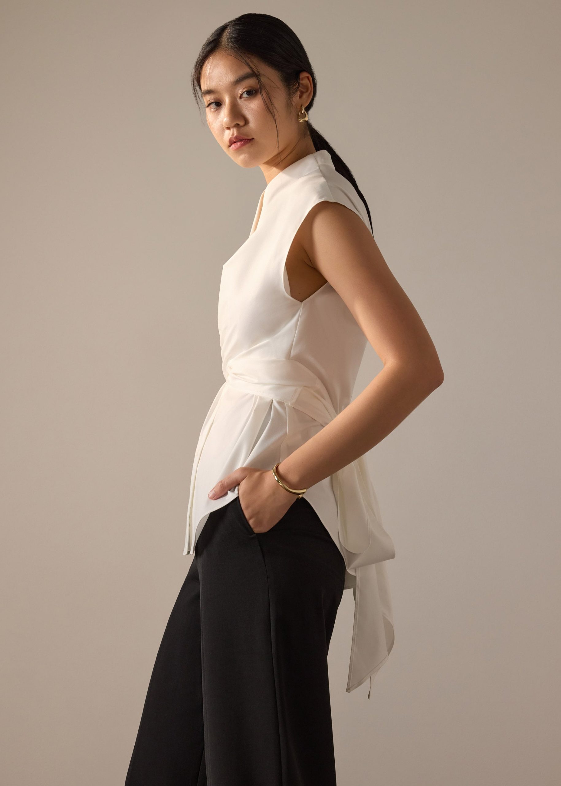 Ziyi Poplin Front Wrap Mandarin Collar Shirt - Image 4