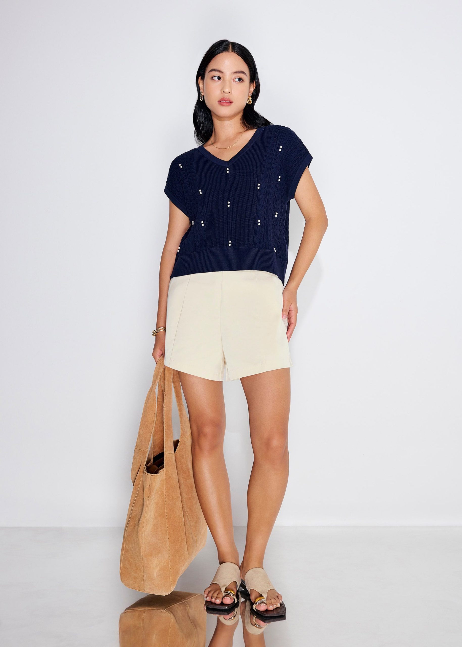 Relaxed Pearl Embellished Cable Knit Shell Top - Image 9